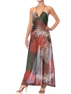 1970S Tropical Printed Poly Lurex Jersey Halter Neck Disco Gown