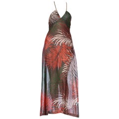 1970S Tropical Printed Poly Lurex Jersey Halter Neck Disco Gown
