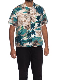 1970'S Tropical Rayon Men's 40'S Style Palm Tree Print Shirt