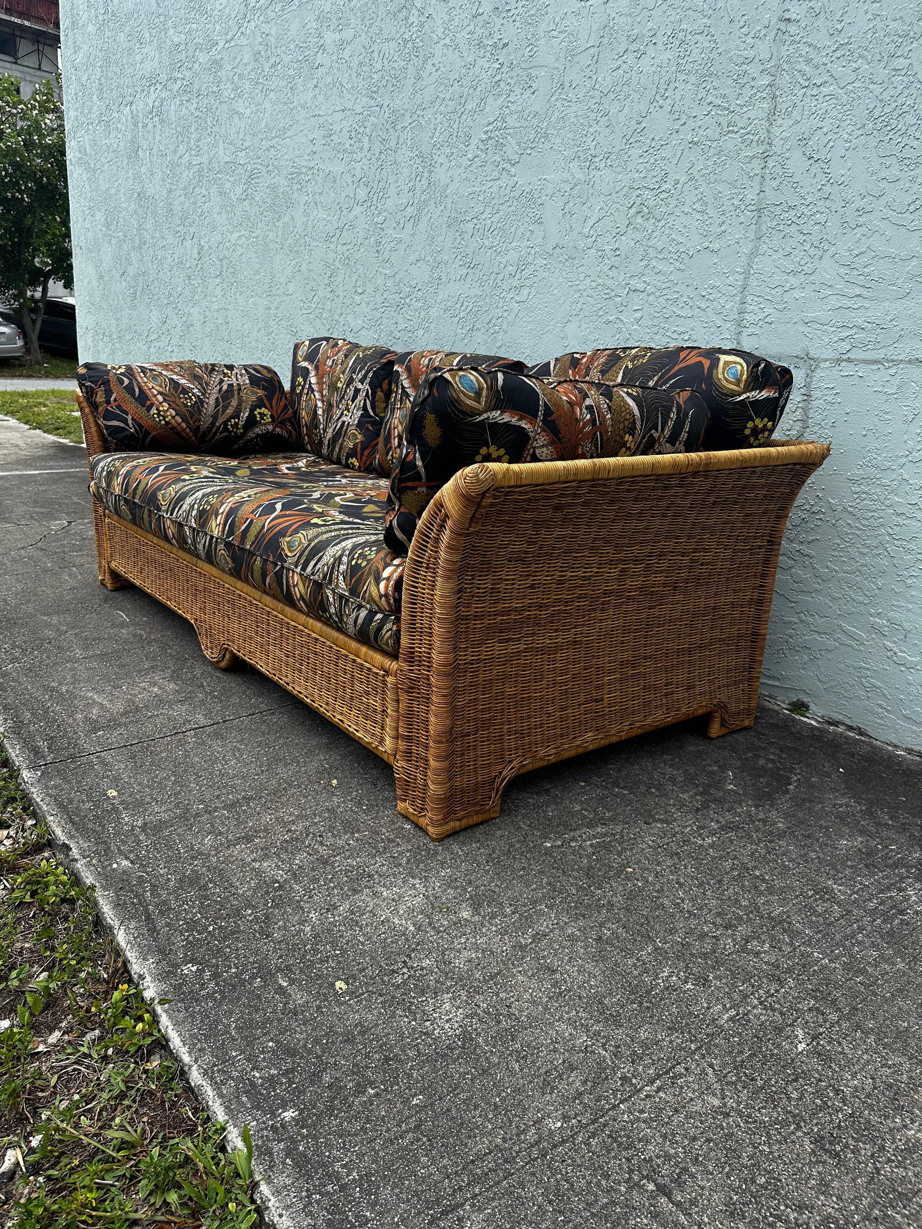 Bohemian 1970s Tropical Sculptural Finely Crafted Rattan Sofa For Sale