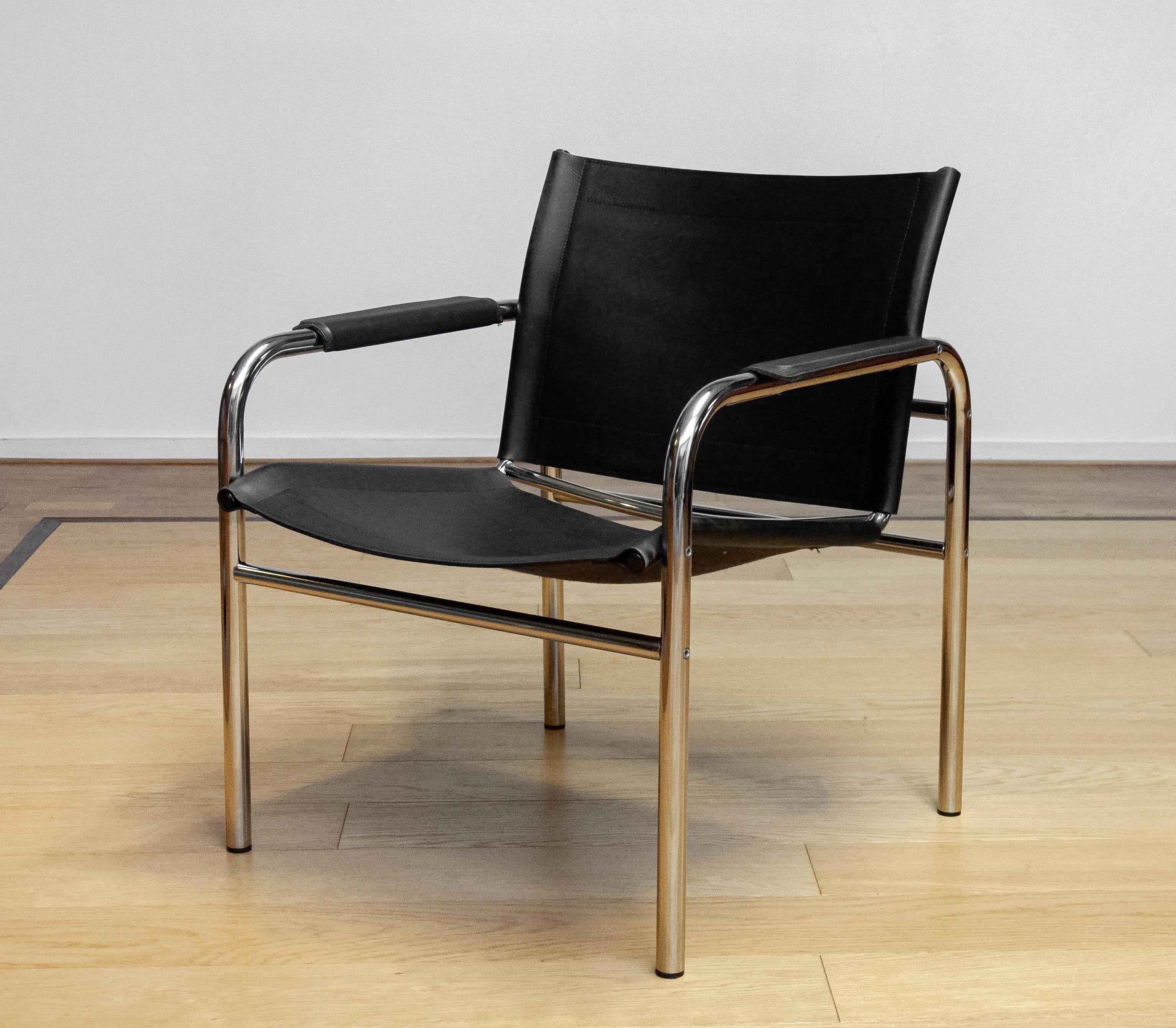 Scandinavian Modern 1970s Tubular Armchair Designed By Tord Bjorklund Upholstered With Black Leather For Sale