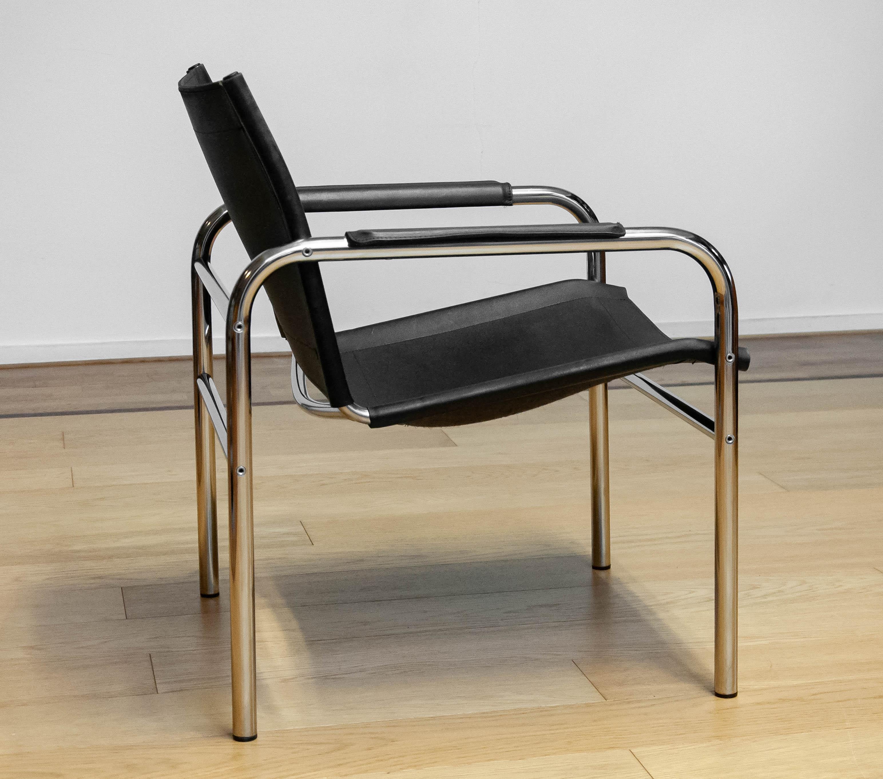 Metal 1970s Tubular Armchair Designed By Tord Bjorklund Upholstered With Black Leather For Sale