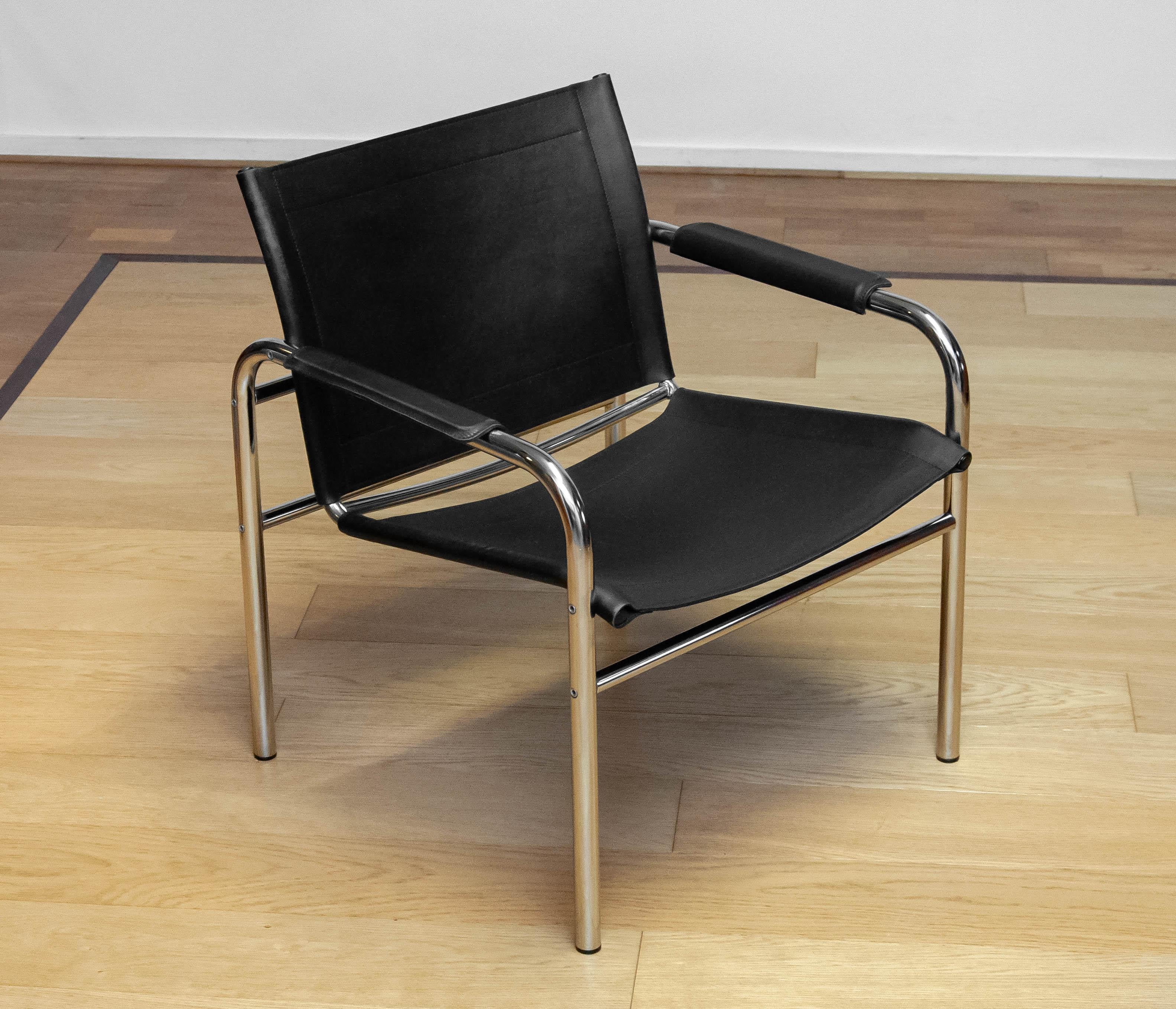 1970s Tubular Armchair Designed By Tord Bjorklund Upholstered With Black Leather For Sale 1