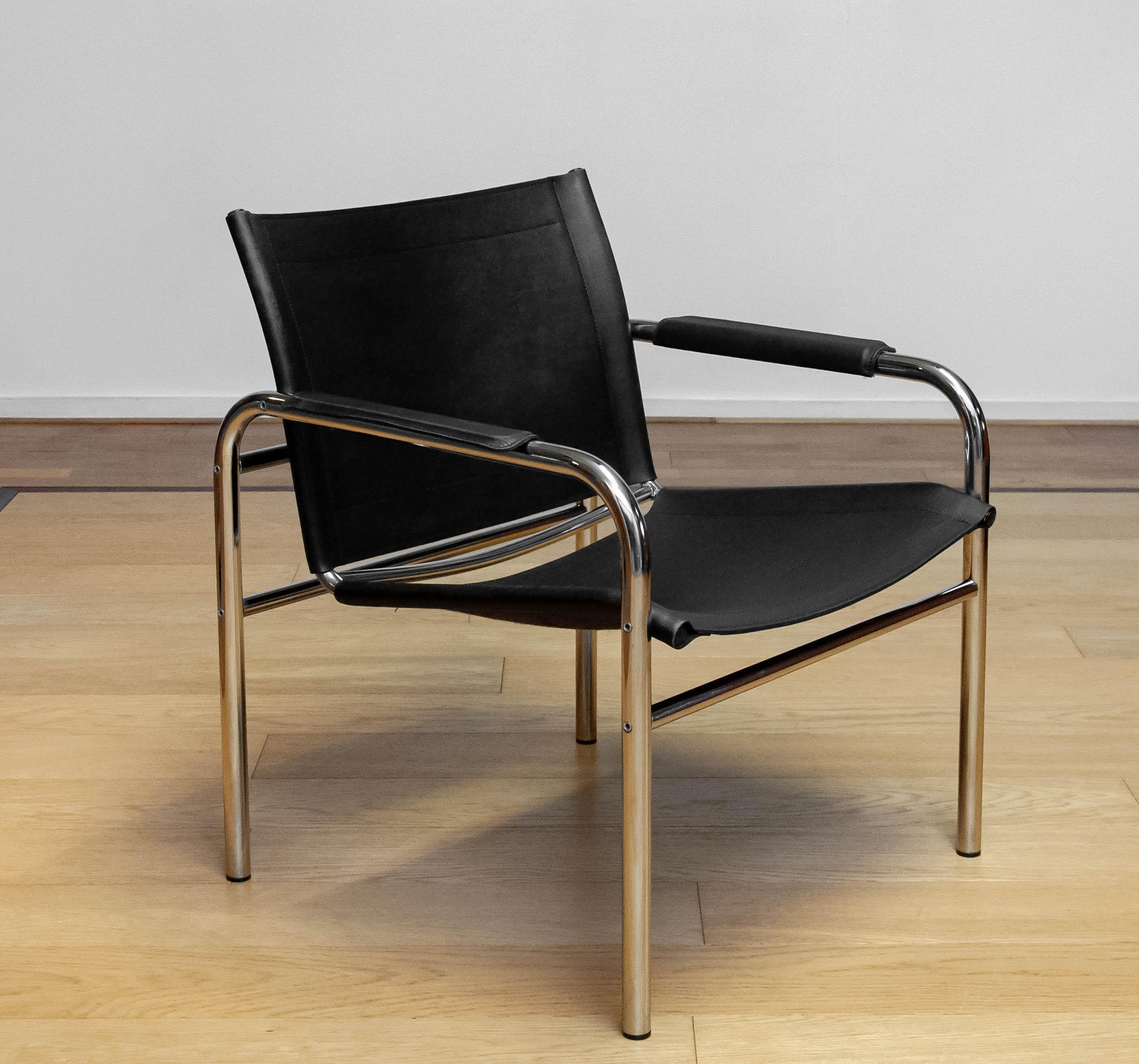 1970s Tubular Armchair Designed By Tord Bjorklund Upholstered With Black Leather For Sale 2