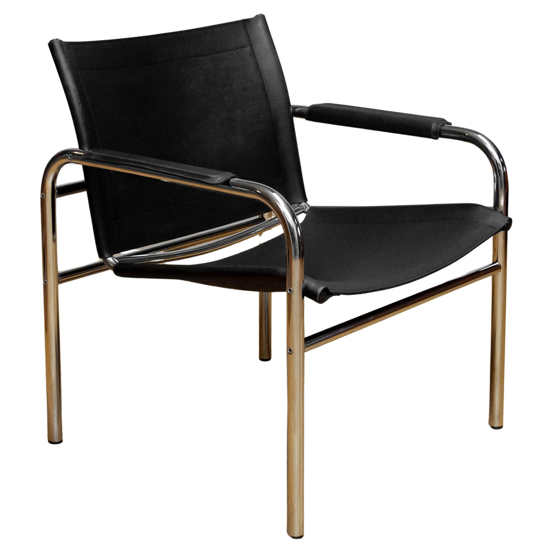 Fauteuil tubulaire des années 1970 am designs Tord Bjorklund tapissé de cuir noir en vente