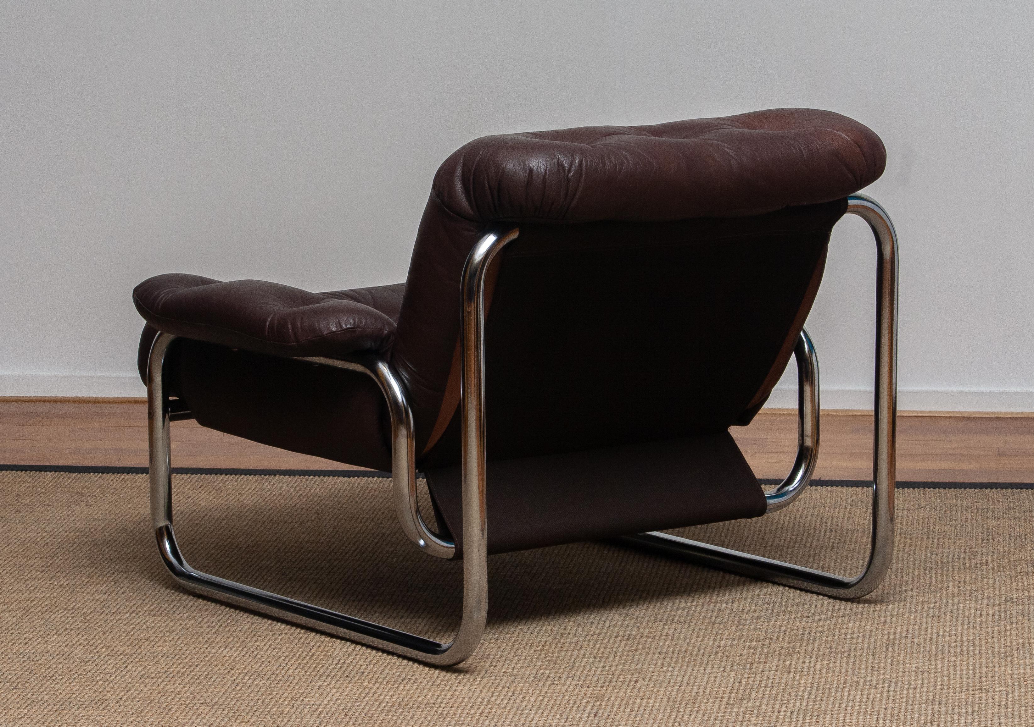 1970er, Sessel aus Chromrohr und braunem Leder von Johan Bertil Häggström 1 4