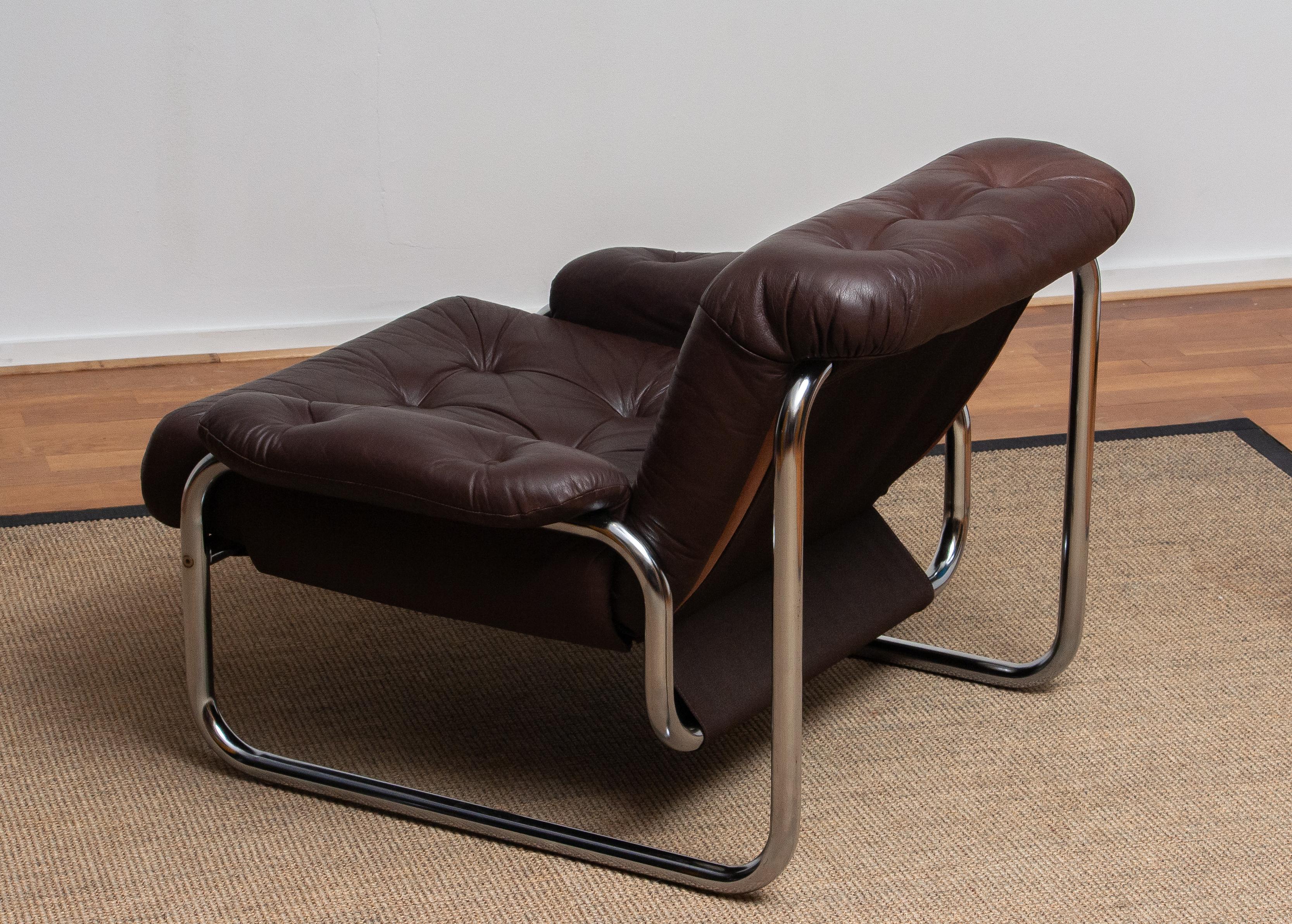 1970er, Sessel aus Chromrohr und braunem Leder von Johan Bertil Häggström 1 5