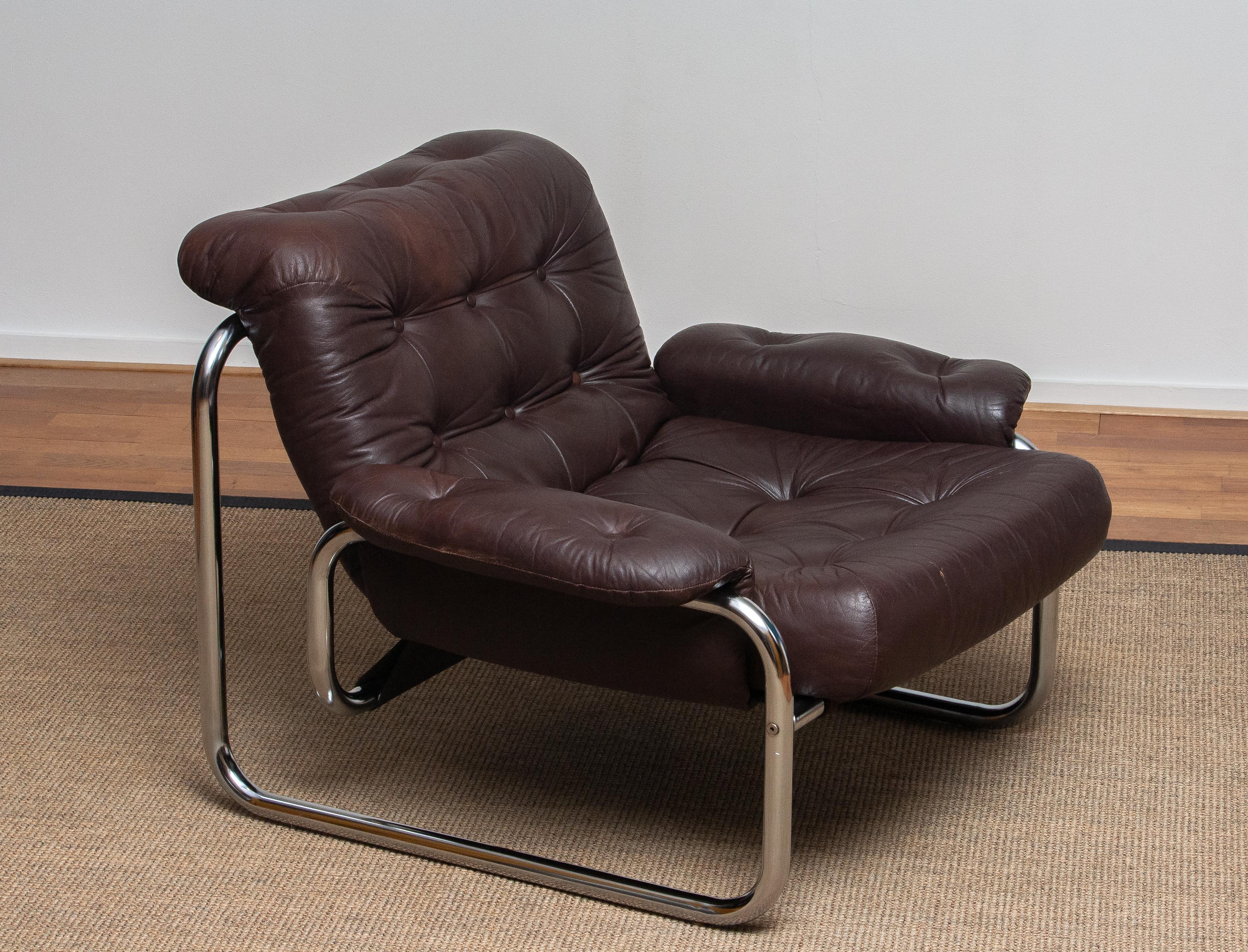 1970er, Sessel aus Chromrohr und braunem Leder von Johan Bertil Häggström 1 (Schwedisch)