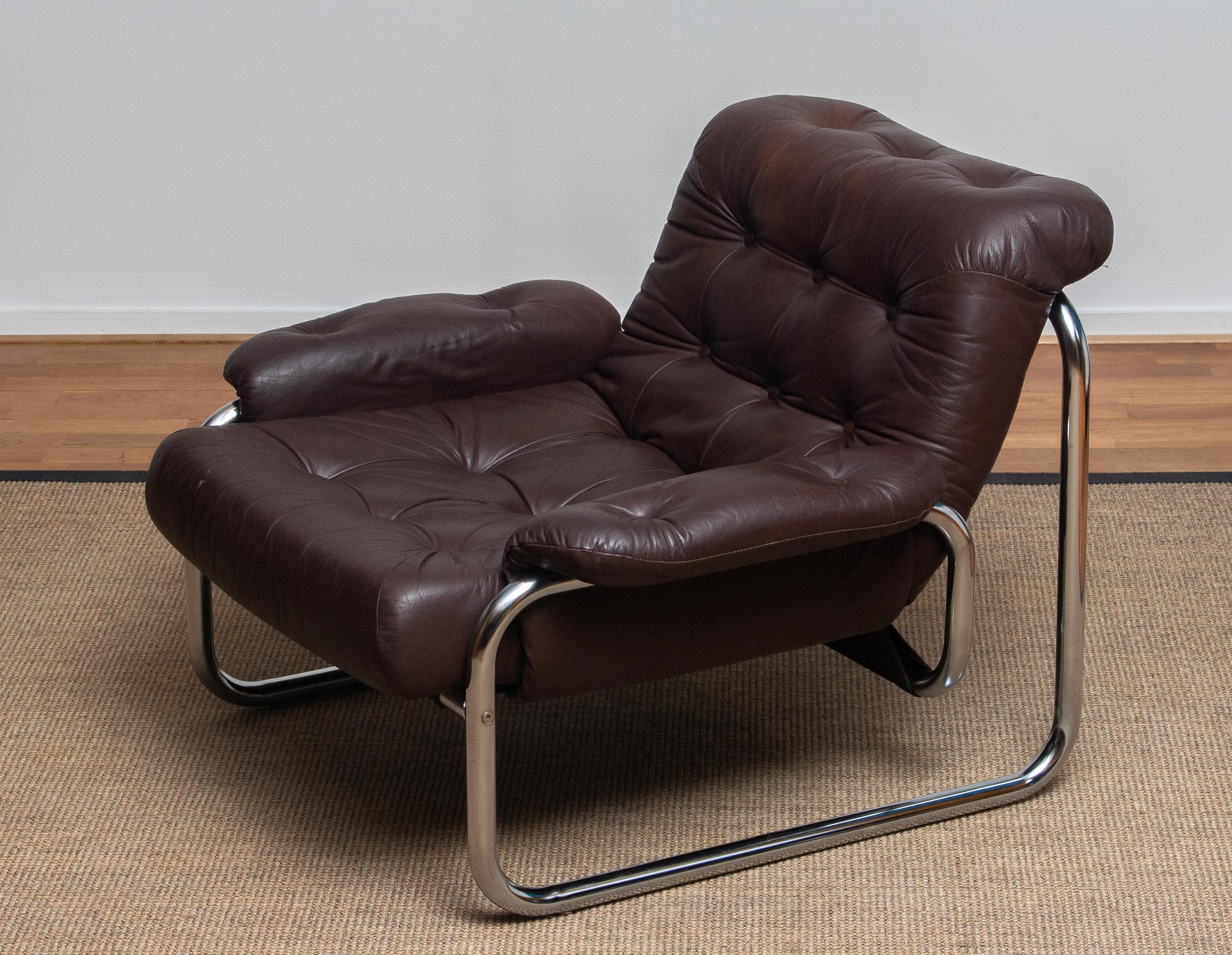 1970er, Sessel aus Chromrohr und braunem Leder von Johan Bertil Häggström 1 (Stahl)