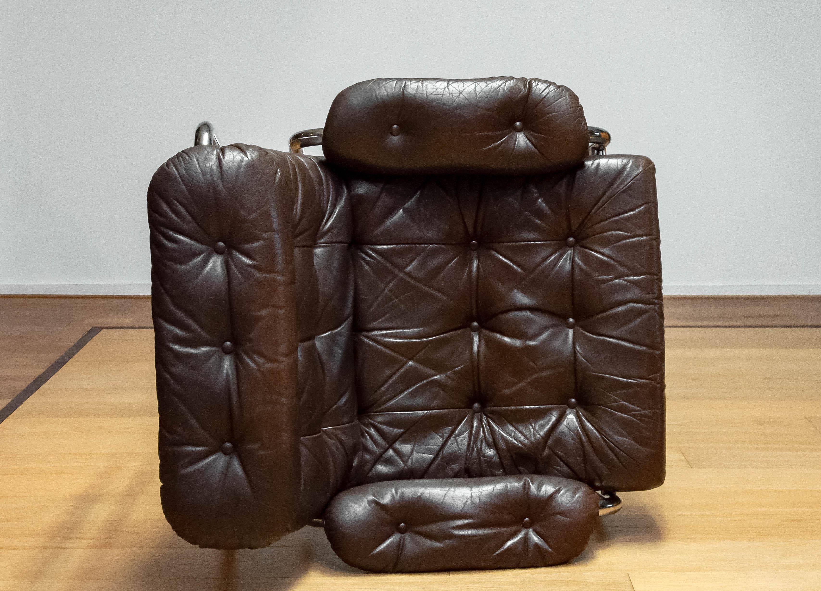 1970s, Tubular Chrome and Brown Leather Lounge Chair by Johan Bertil Häggström 4