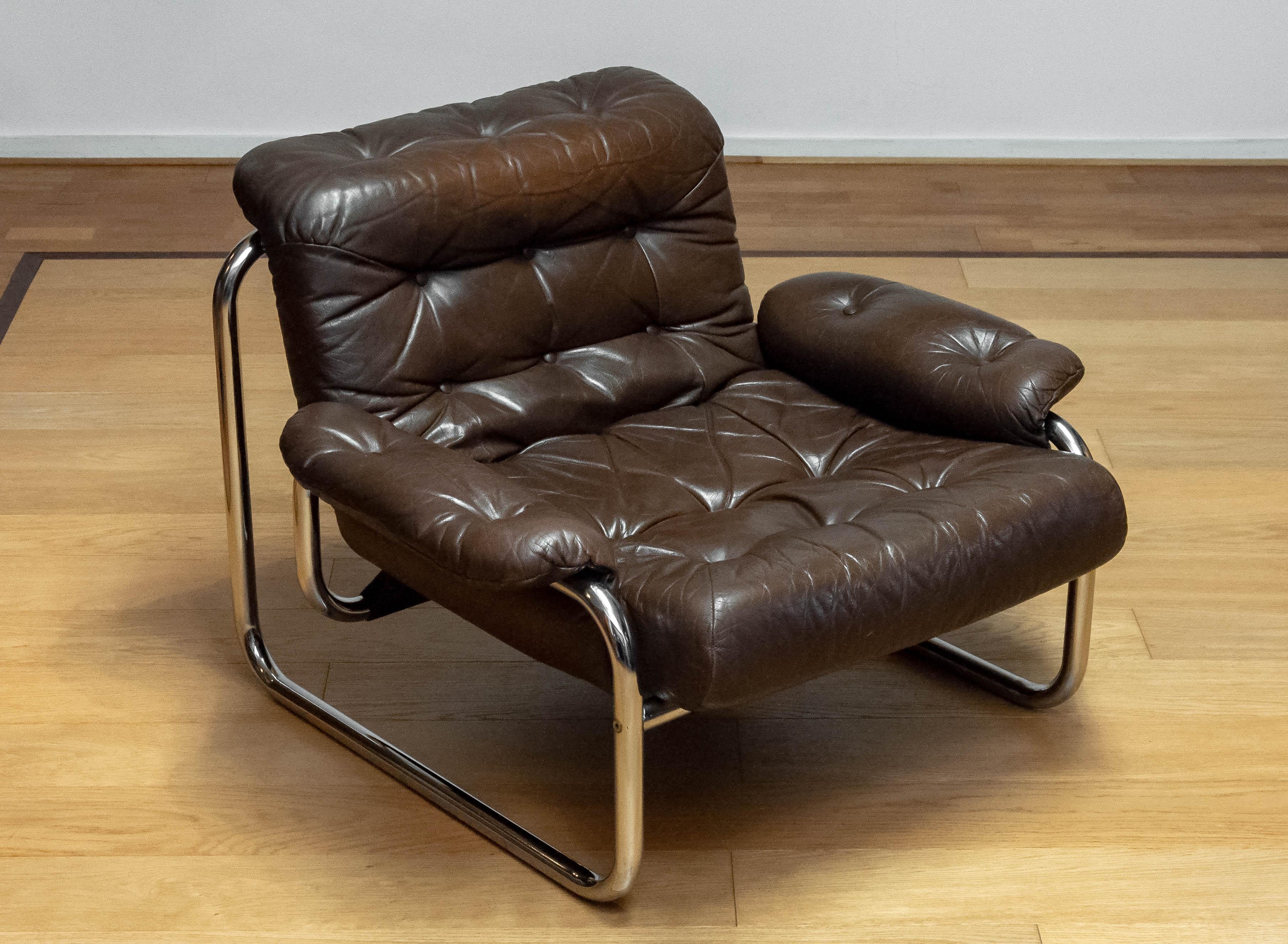Swedish 1970s, Tubular Chrome and Brown Leather Lounge Chair by Johan Bertil Häggström