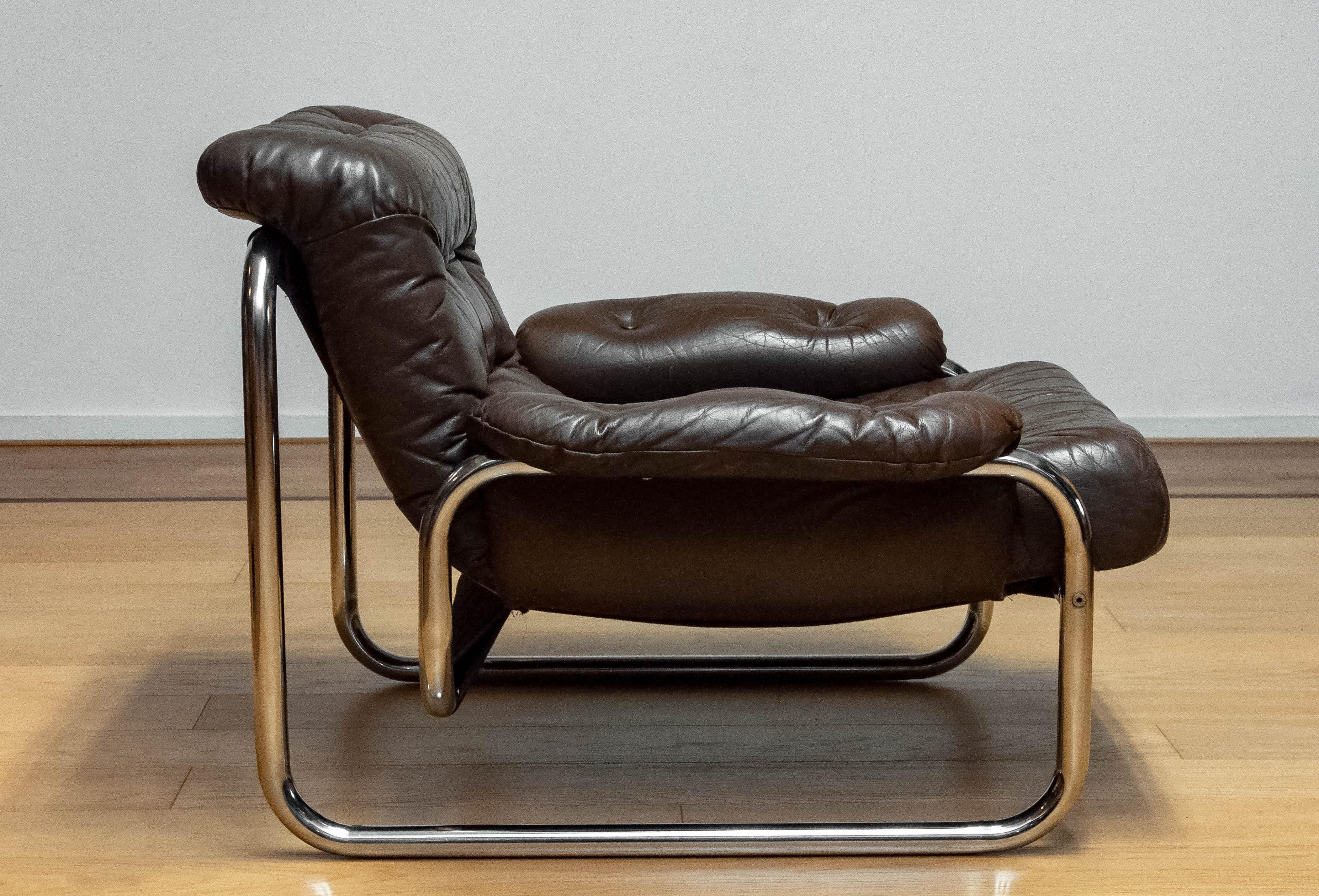 1970s, Tubular Chrome and Brown Leather Lounge Chair by Johan Bertil Häggström In Good Condition In Silvolde, Gelderland