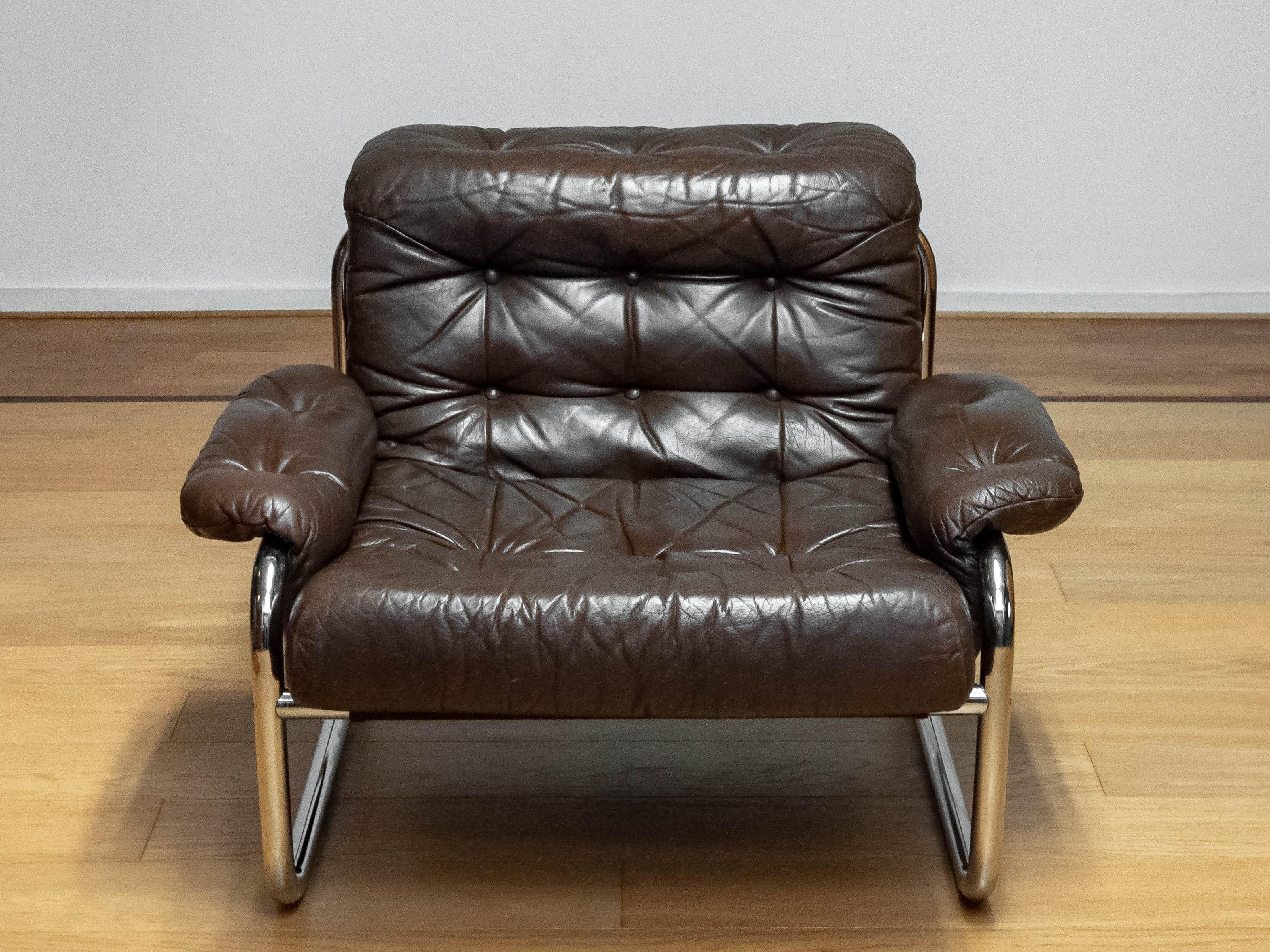 Late 20th Century 1970s, Tubular Chrome and Brown Leather Lounge Chair by Johan Bertil Häggström