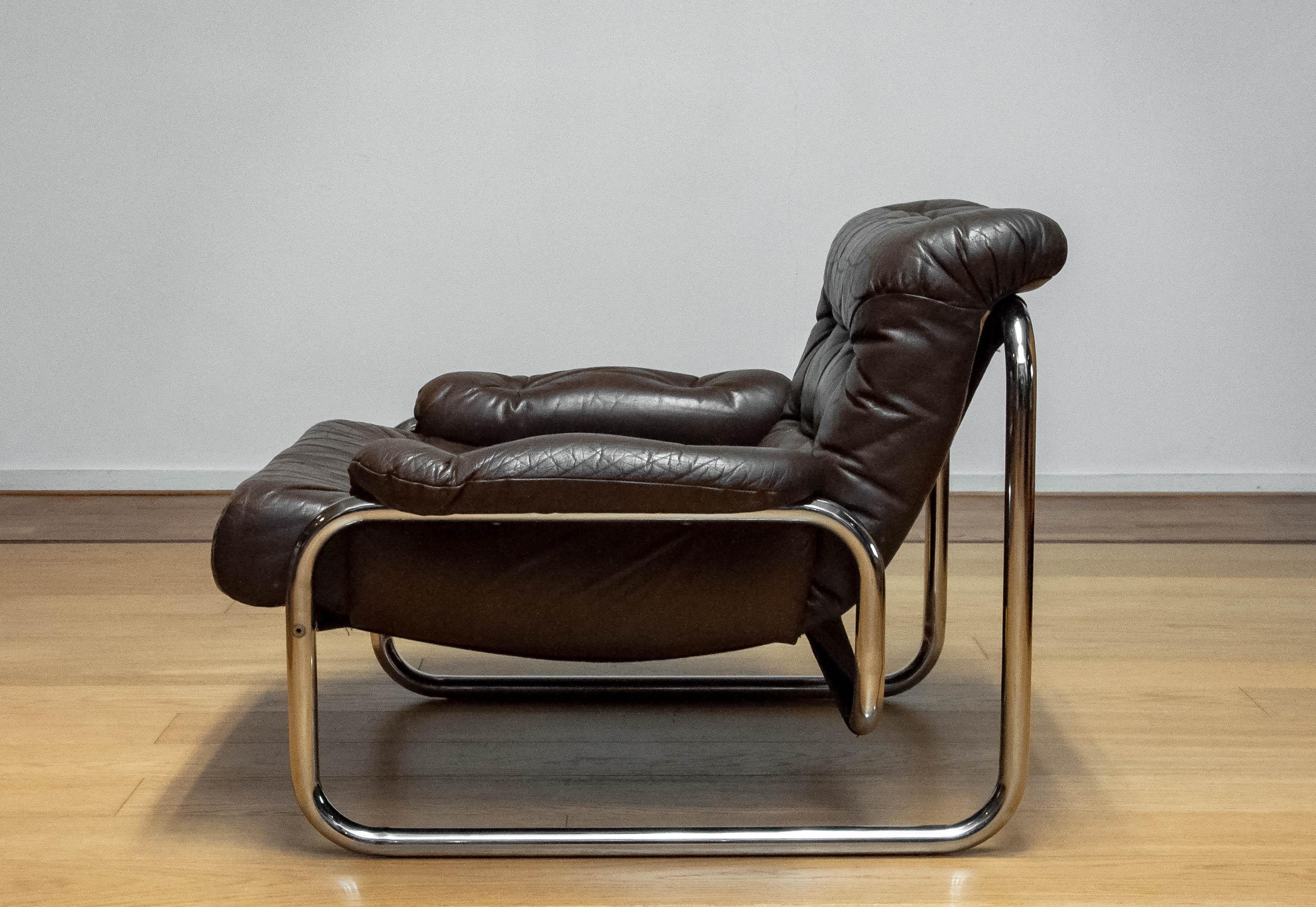Steel 1970s, Tubular Chrome and Brown Leather Lounge Chair by Johan Bertil Häggström