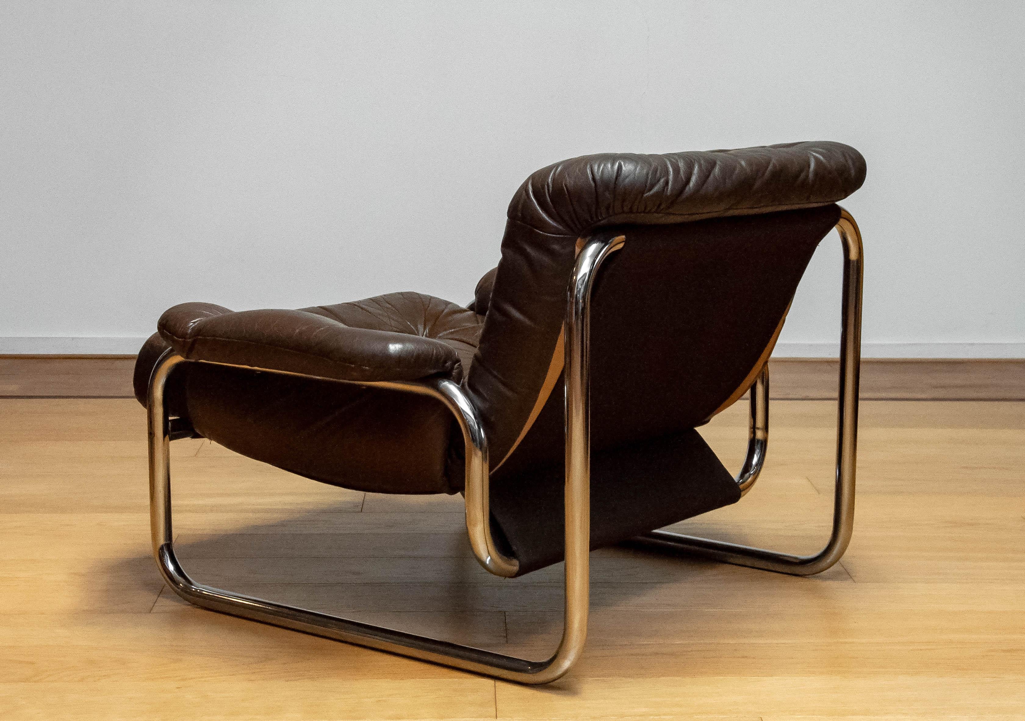 1970s, Tubular Chrome and Brown Leather Lounge Chair by Johan Bertil Häggström 1