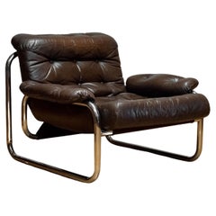 1970s, Tubular Chrome and Brown Leather Lounge Chair by Johan Bertil Häggström