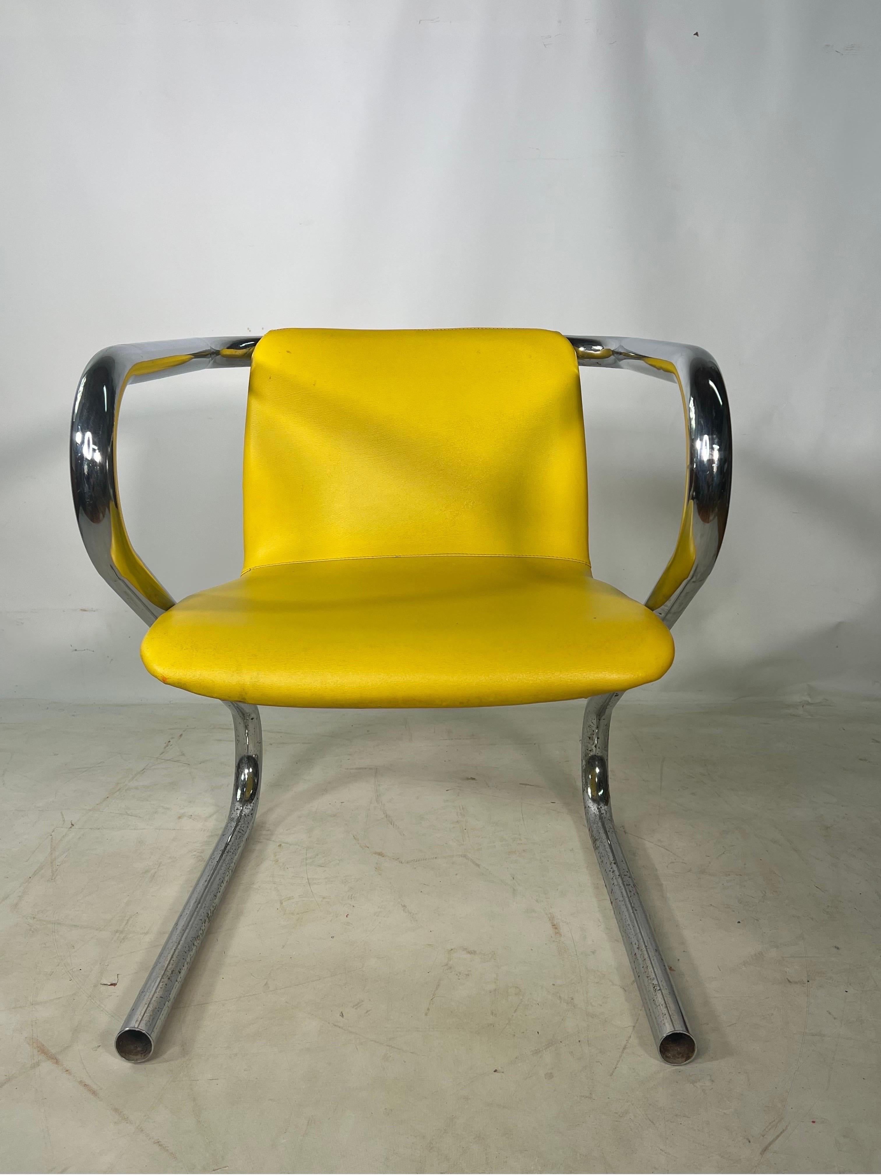 1970s Tubular chrome yellow dining chair. We have 36 chairs available and each chair is 225.00. The chairs are made by Kinetics furniture inc.