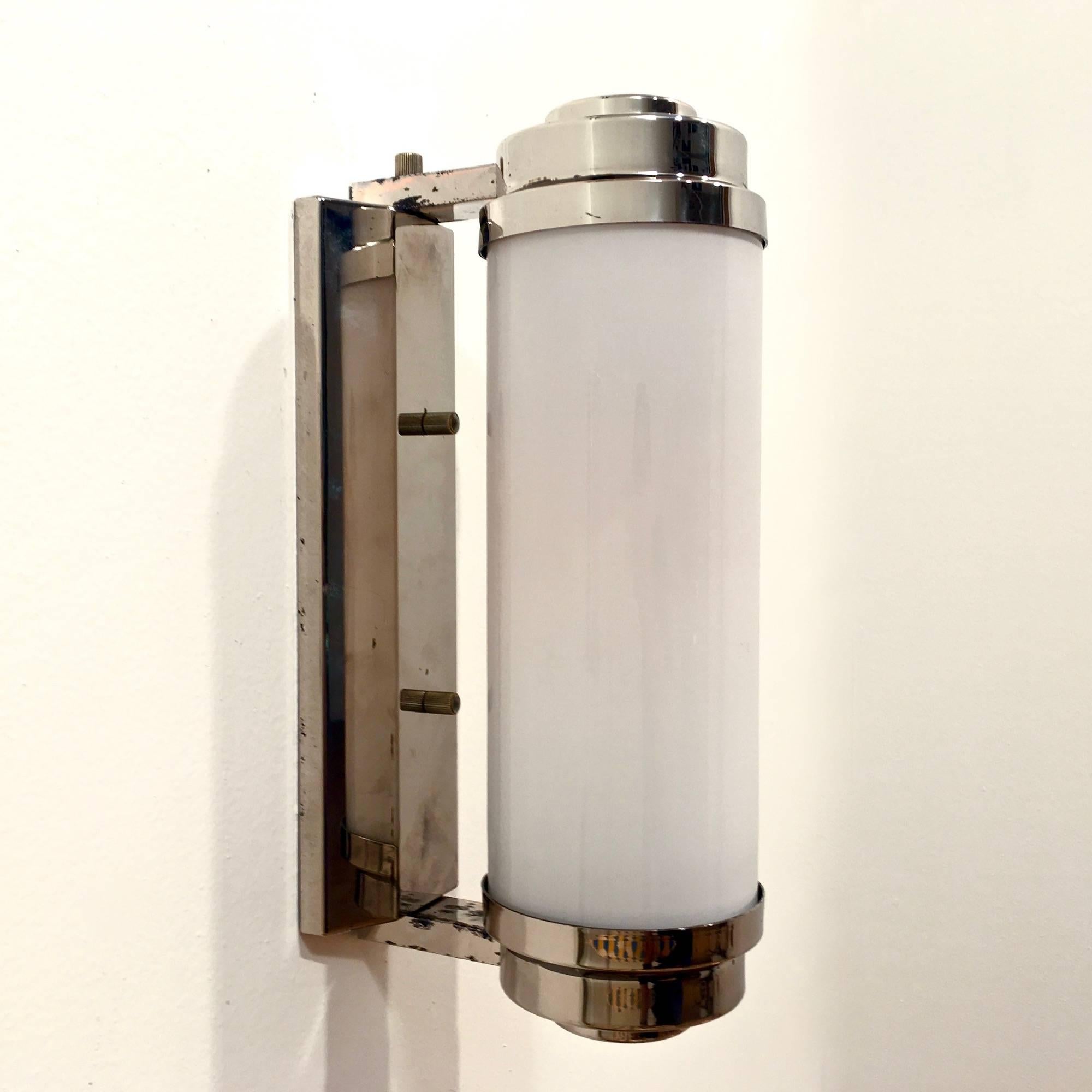 French 1970s Tubular Sconces in Opaline Glass and Chromed Brass