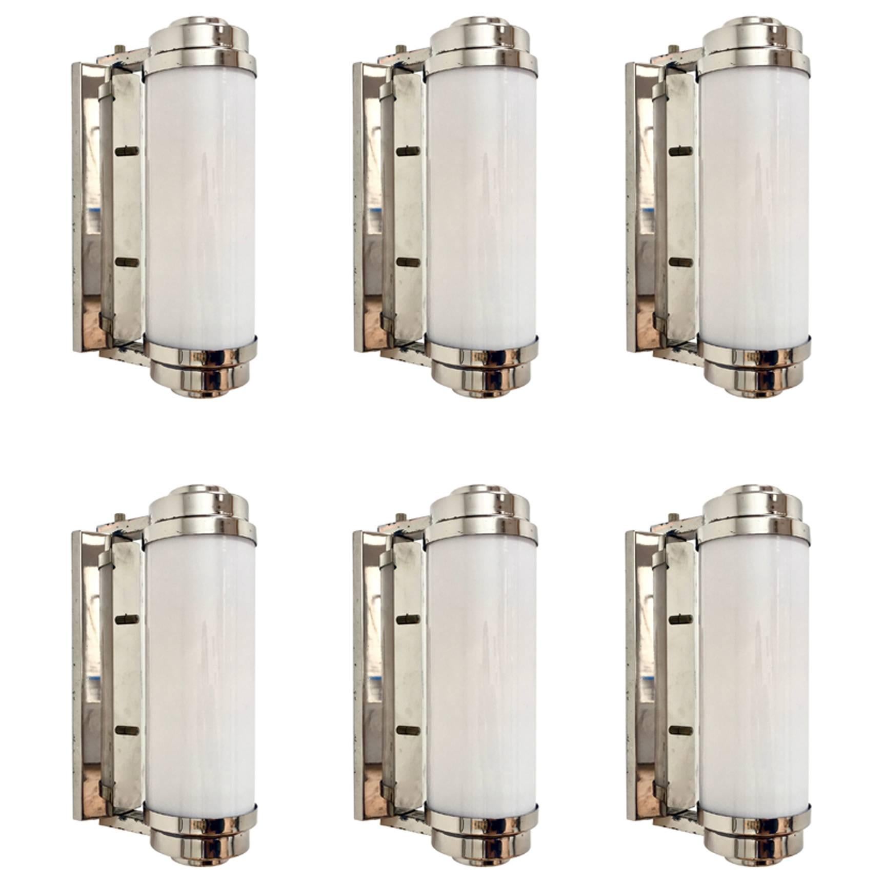 1970s Tubular Sconces in Opaline Glass and Chromed Brass