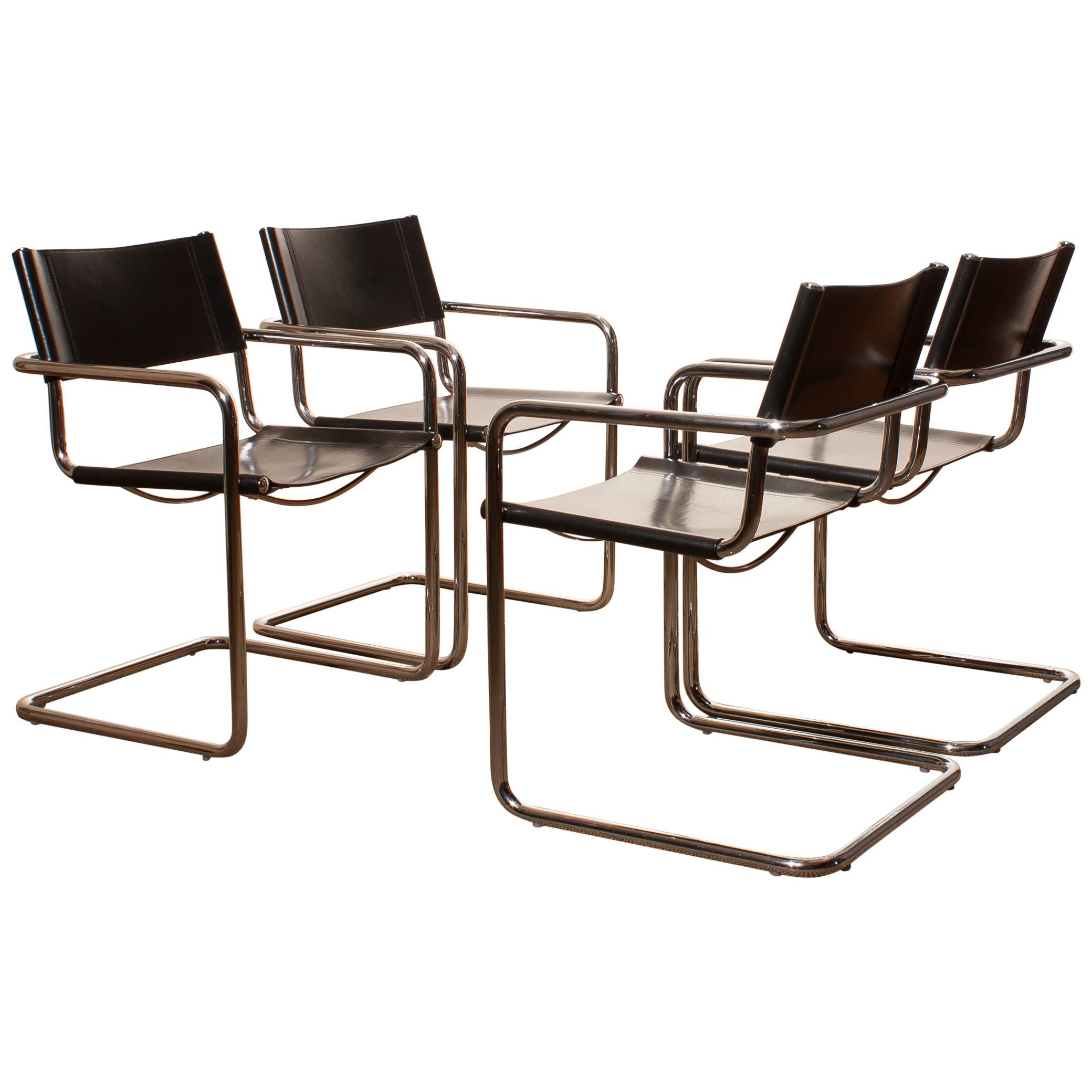 1970s, Tubular Steel and Sturdy Black Leather Dining Chairs by Matteo Grassi