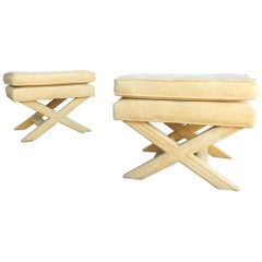 1970s Tufted Velvet X-Base Ottoman or Stools Pair Milo Baughman