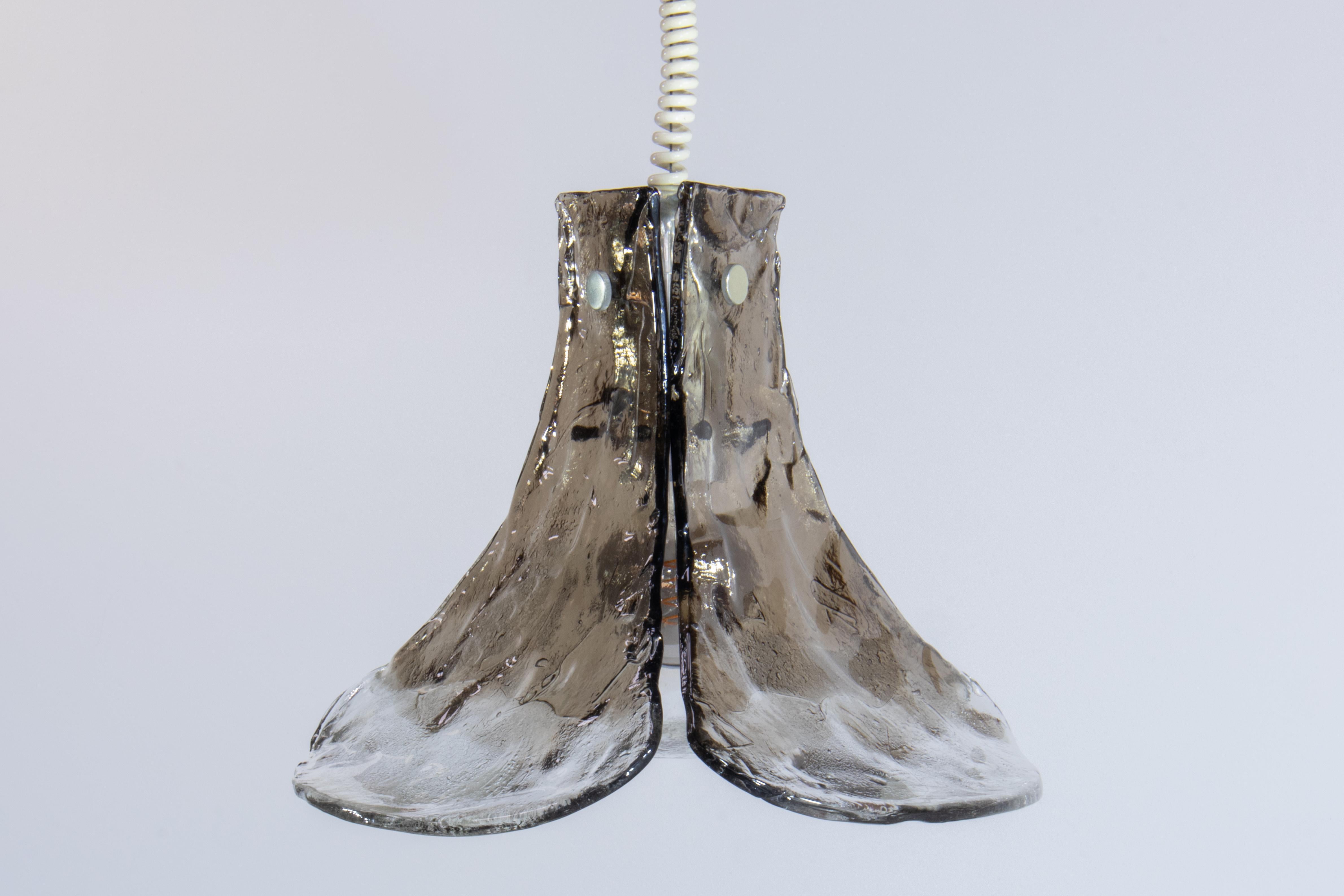 Grande lampada a sospensione floreale italiana del Mid-Century Organic Modern degli anni '70. Tre grandi e spessi petali in vetro di Murano trasparente e fumé soffiato a mano sono sostenuti da una struttura in metallo. I petali cadono in modo