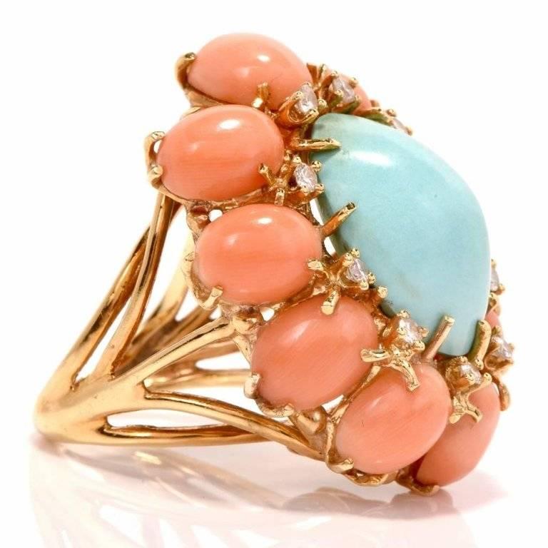 1970s Turquoise and Coral Cabochon Diamond 18 Karat Gold Cocktail Ring 1