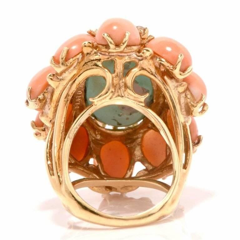 1970s Turquoise and Coral Cabochon Diamond 18 Karat Gold Cocktail Ring 2
