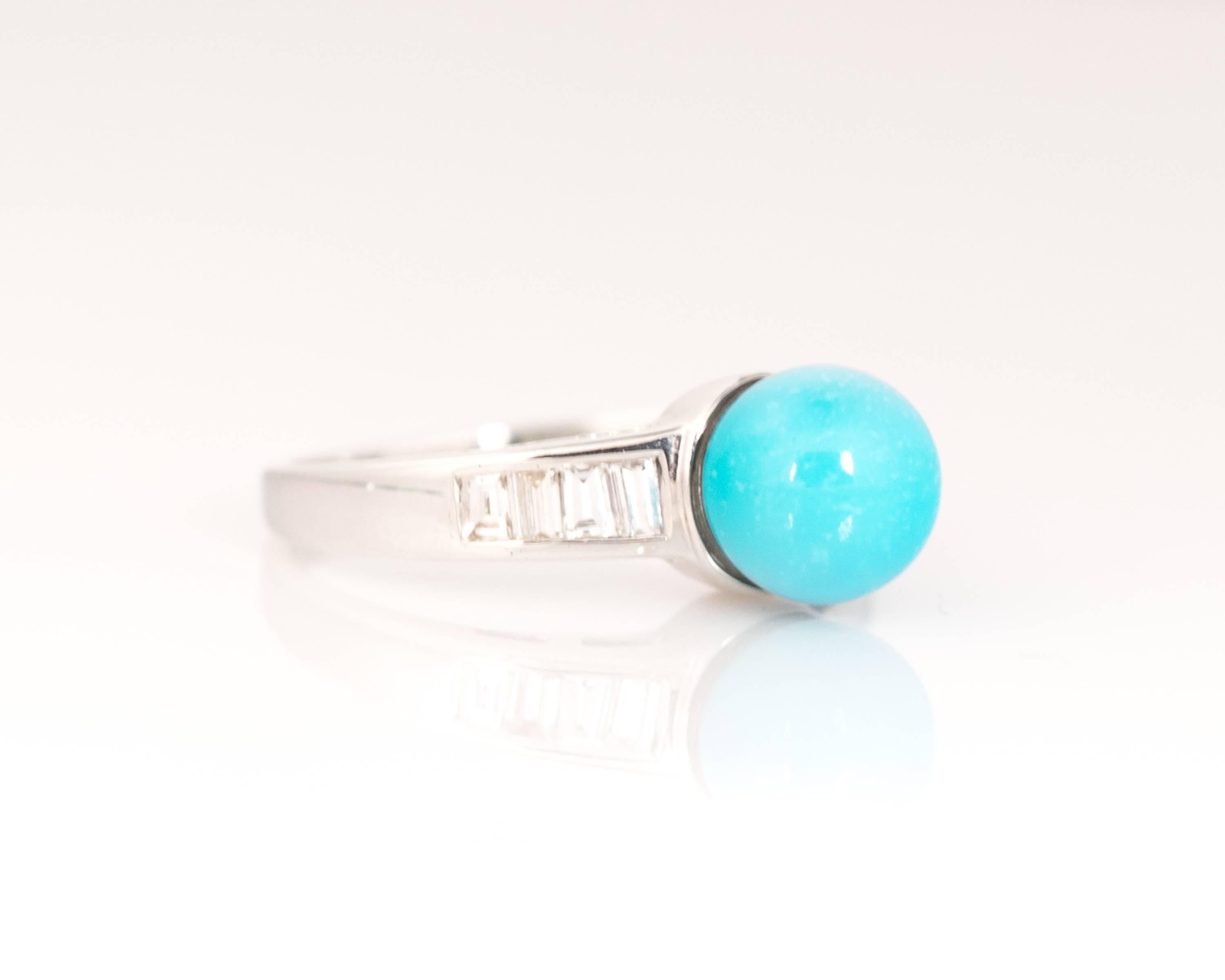 Women's 1970s Turquoise and Diamond 18 Karat White Gold Ring