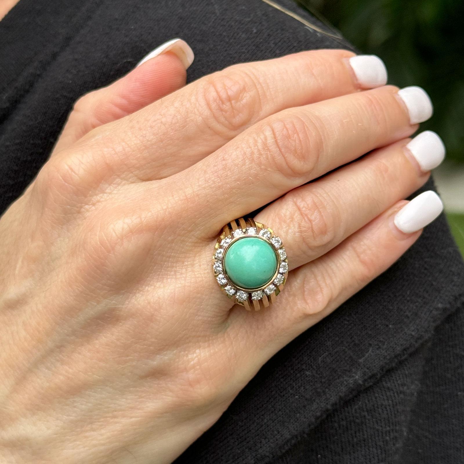 Retro 1970's Turquoise Diamond 14 Karat Yellow Gold Cocktail Ring