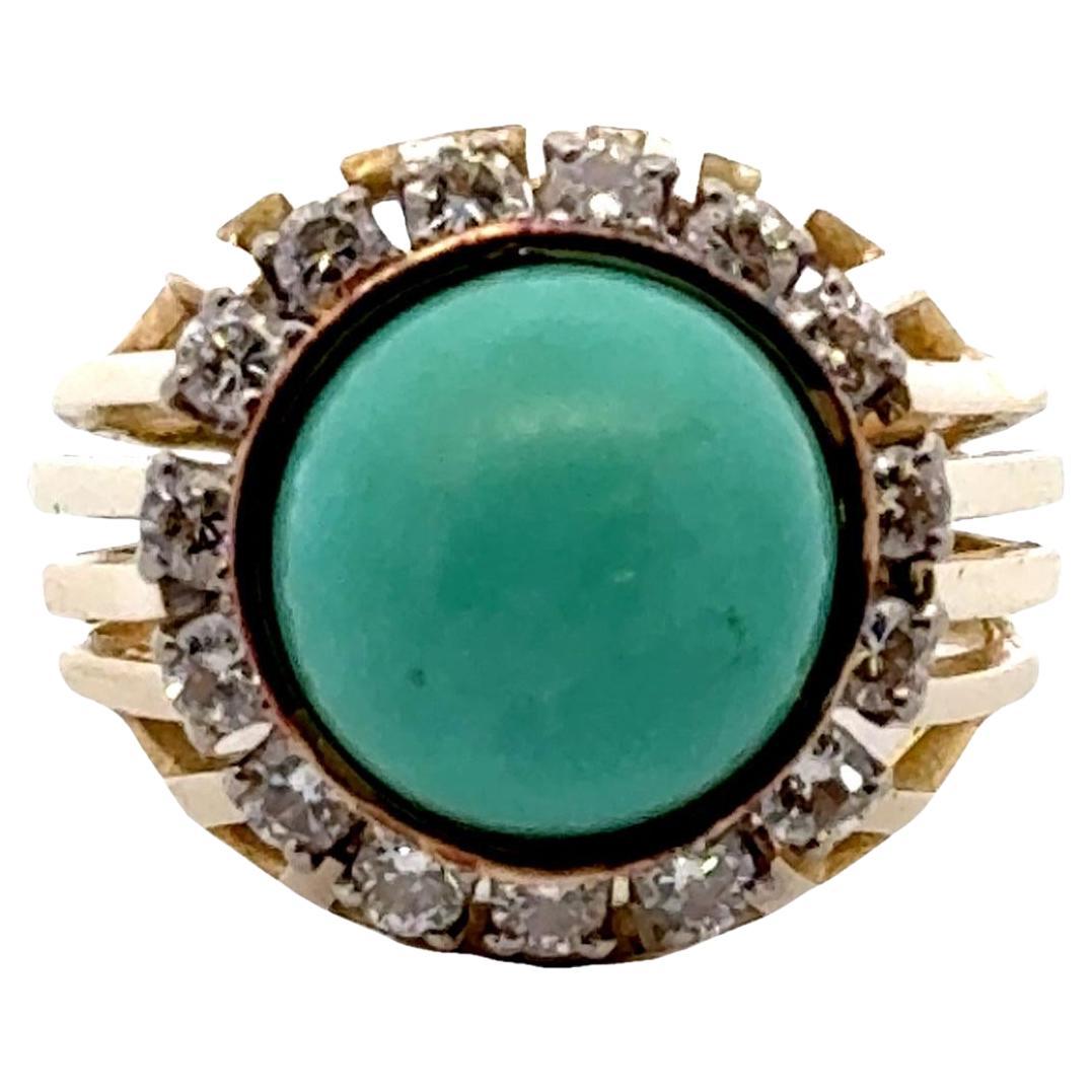 Cabochon 1970's Turquoise Diamond 14 Karat Yellow Gold Cocktail Ring