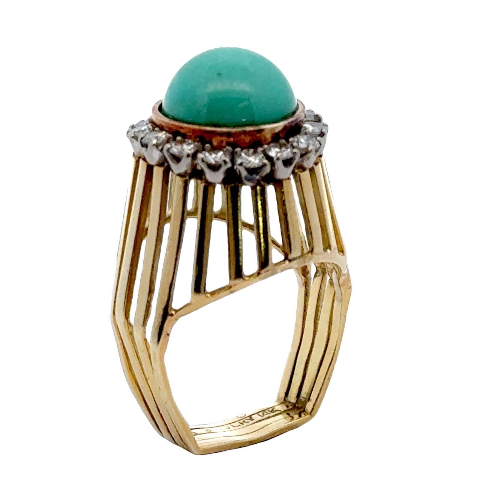 1970's Turquoise Diamond 14 Karat Yellow Gold Cocktail Ring In Excellent Condition In Boca Raton, FL