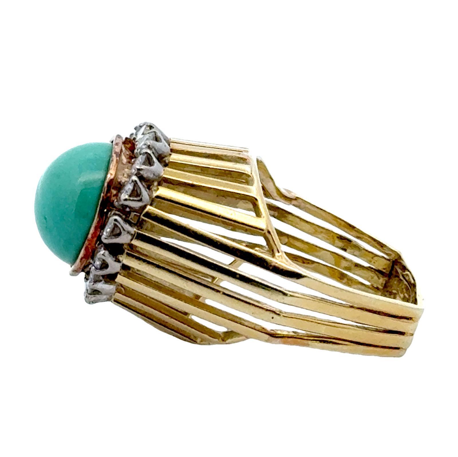 1970's Turquoise Diamond 14 Karat Yellow Gold Cocktail Ring 1