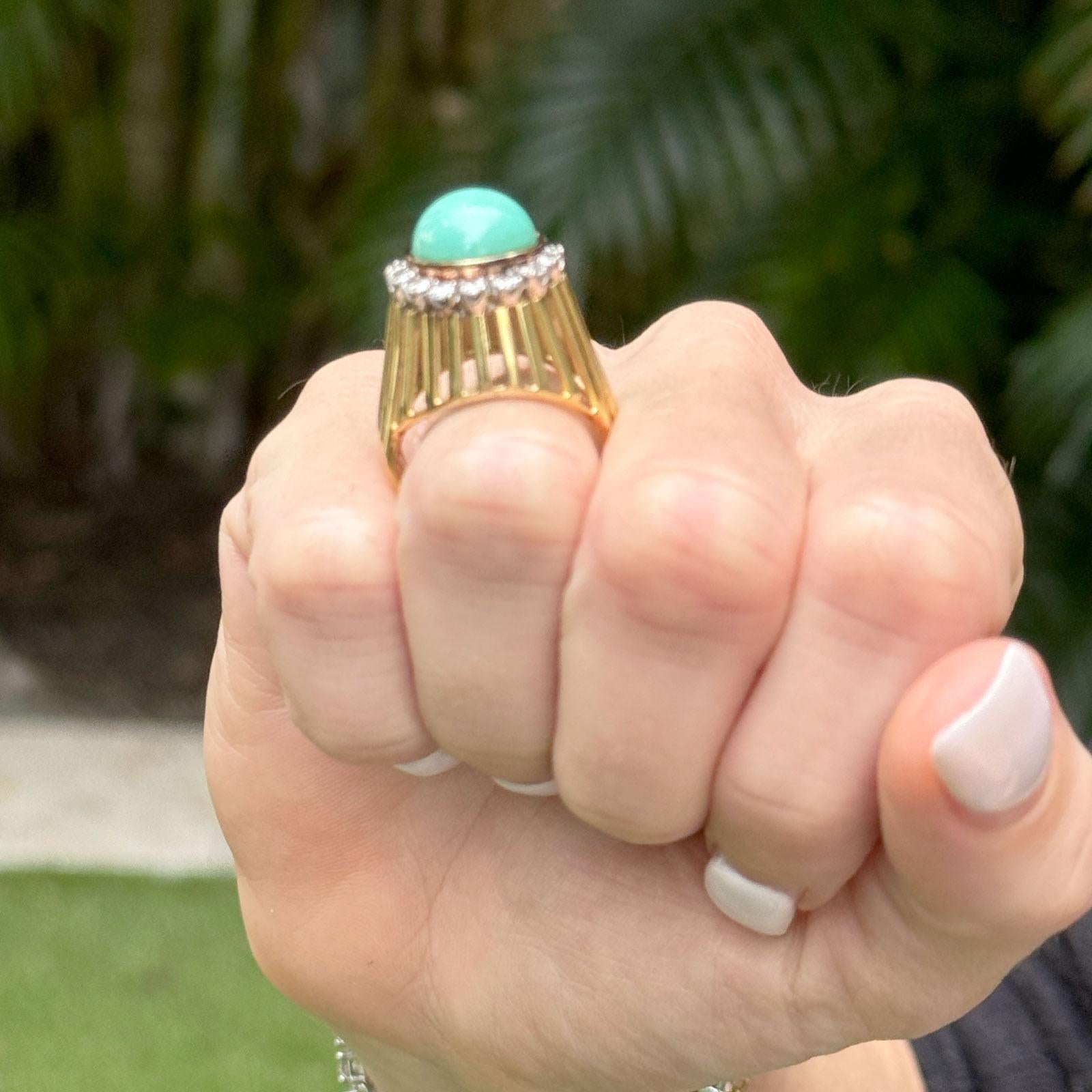 1970's Turquoise Diamond 14 Karat Yellow Gold Cocktail Ring 2