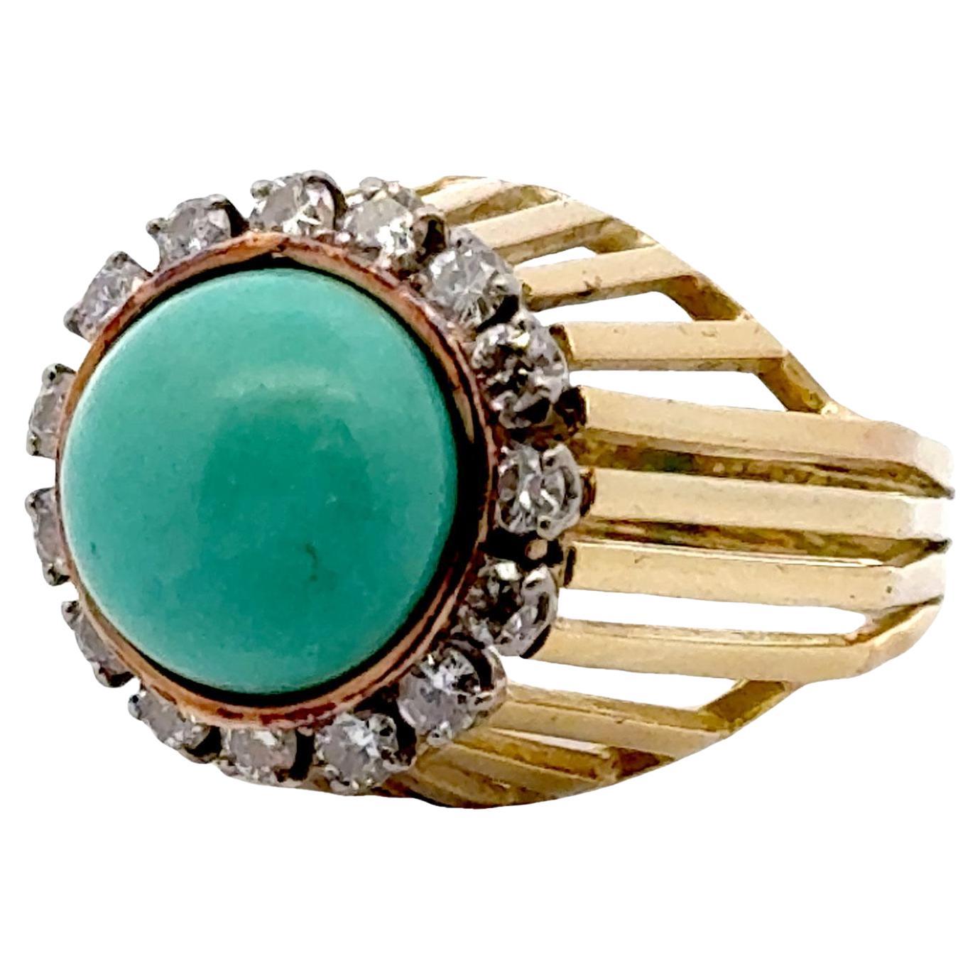 1970's Turquoise Diamond 14 Karat Yellow Gold Cocktail Ring