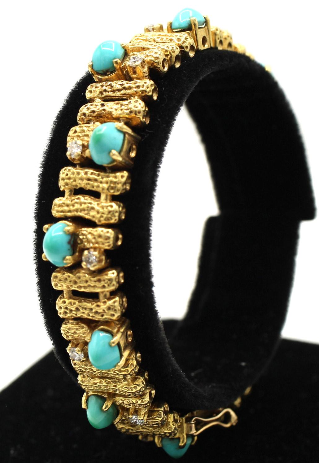 Pulsera de oro amarillo de 18 quilates con diamantes y turquesa de los años 70 Corte mixto en venta