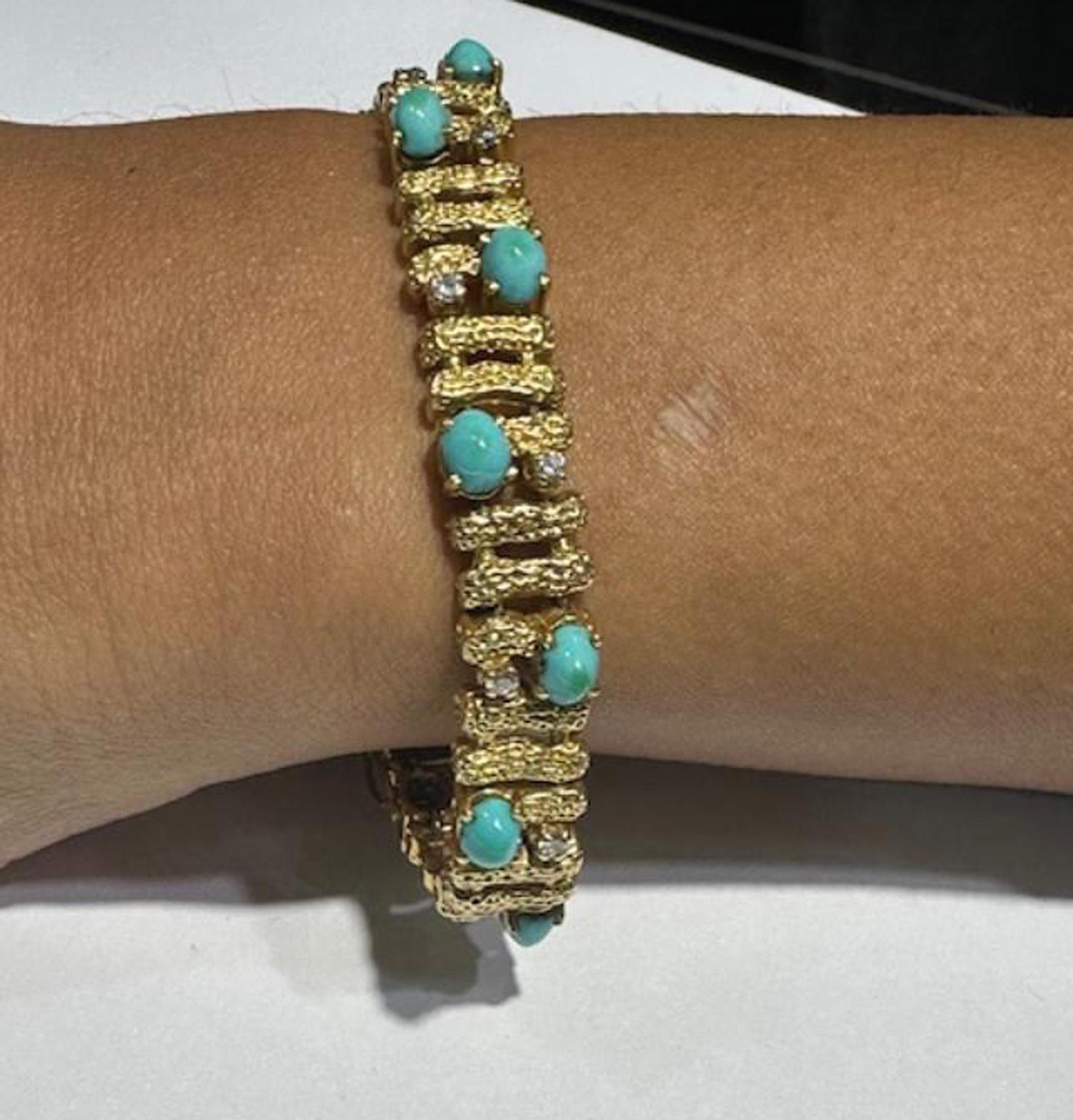 Femenino o masculino Pulsera de oro amarillo de 18 quilates con diamantes y turquesa de los años 70 en venta