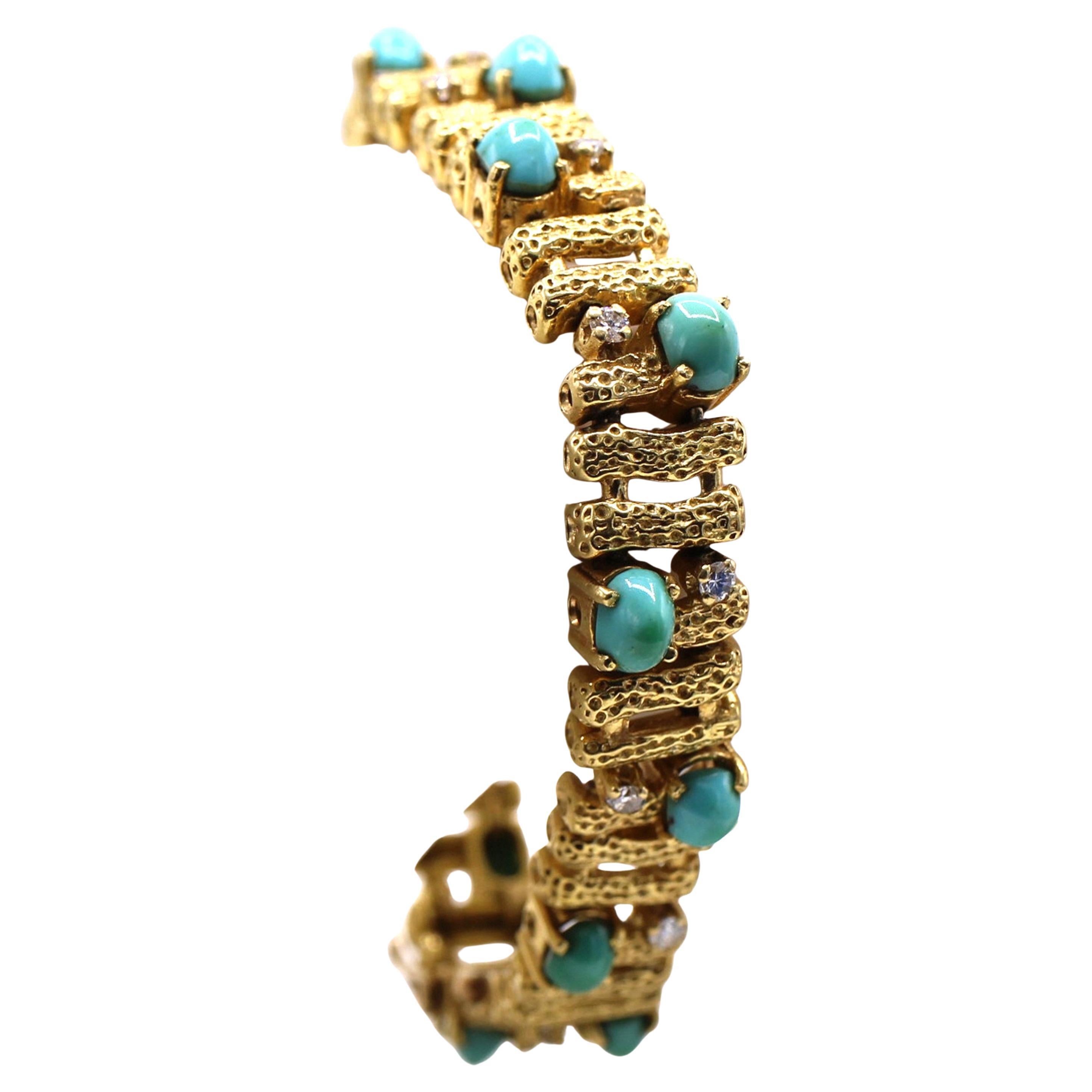 1970s Turquoise Diamond 18 Karat Yellow Gold Bracelet