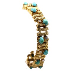 1970s Turquoise Diamond 18 Karat Yellow Gold Bracelet