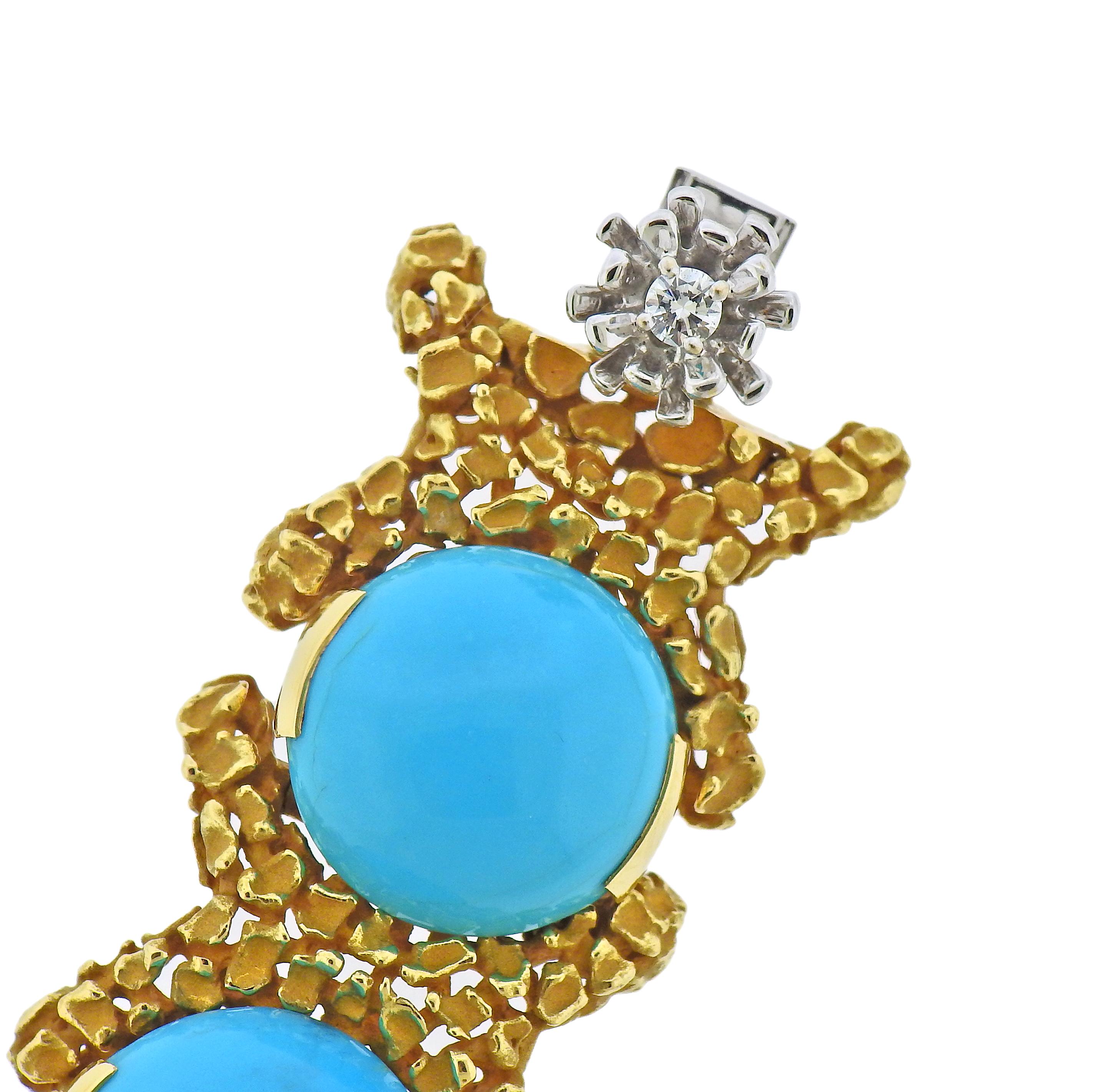 Impressive chunky 18k gold bracelet, crafted in circa 1970s, set with seven 18mm turquoise stones and 0.17ct diamond on the clasp. Bracelet is 7 3/8