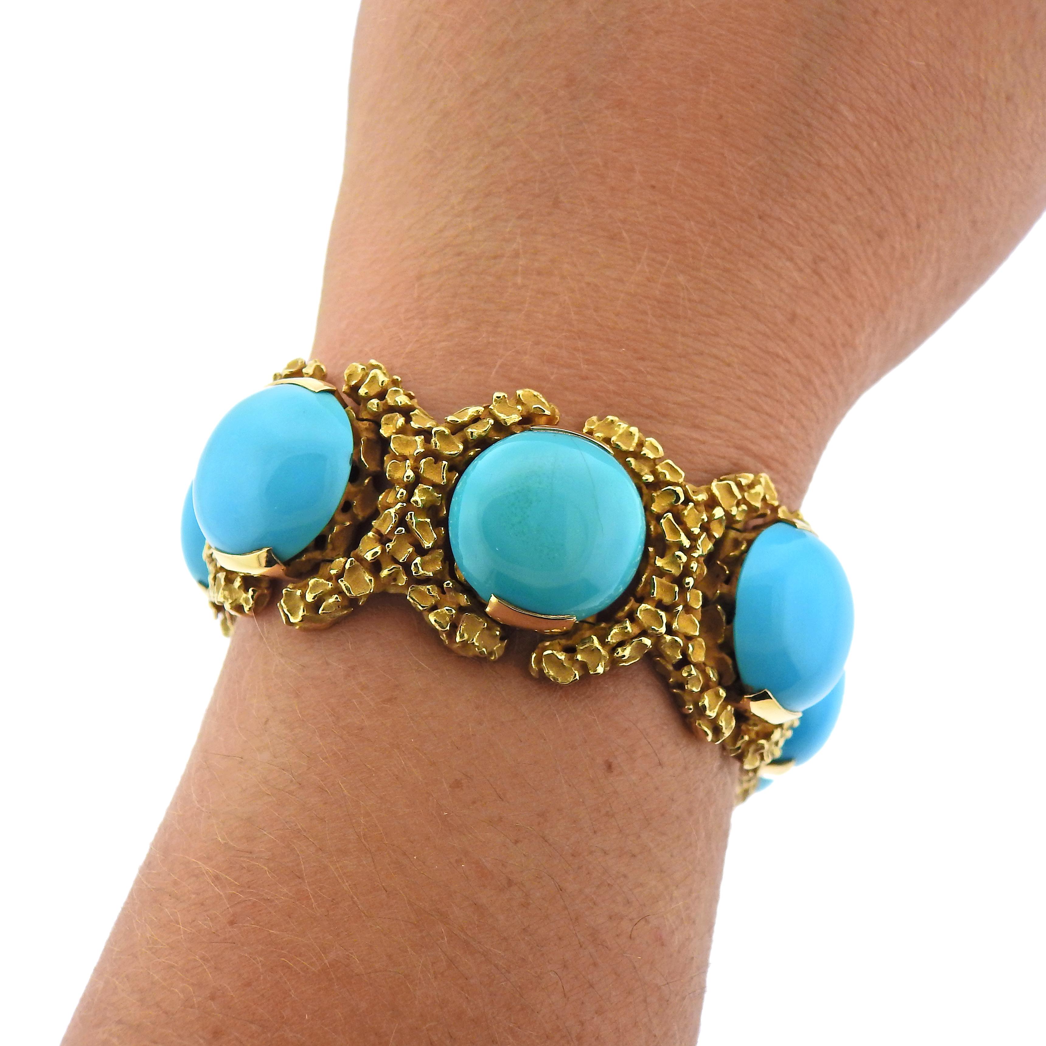 Round Cut 1970s Turquoise Diamond Gold Bracelet For Sale