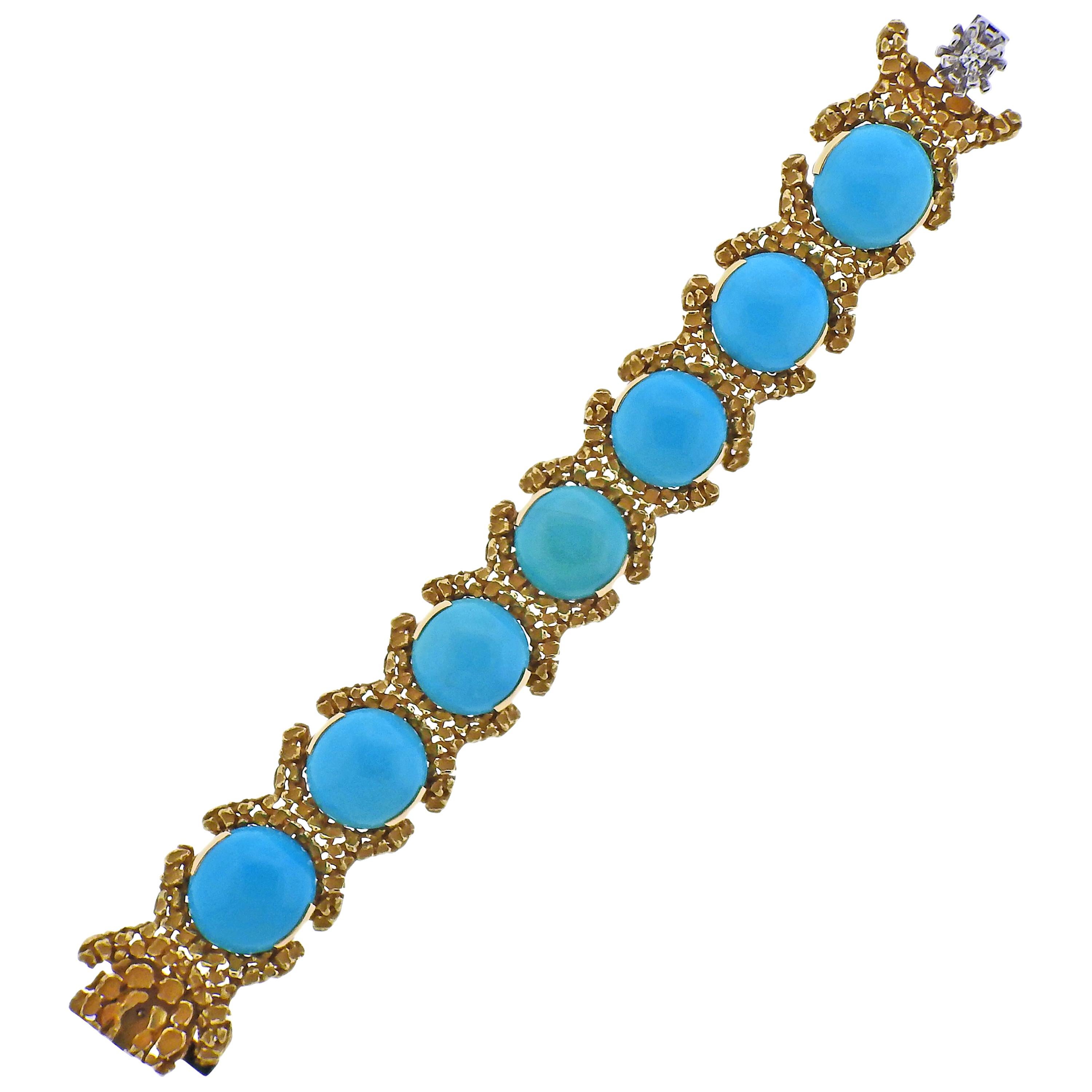 1970s Turquoise Diamond Gold Bracelet For Sale