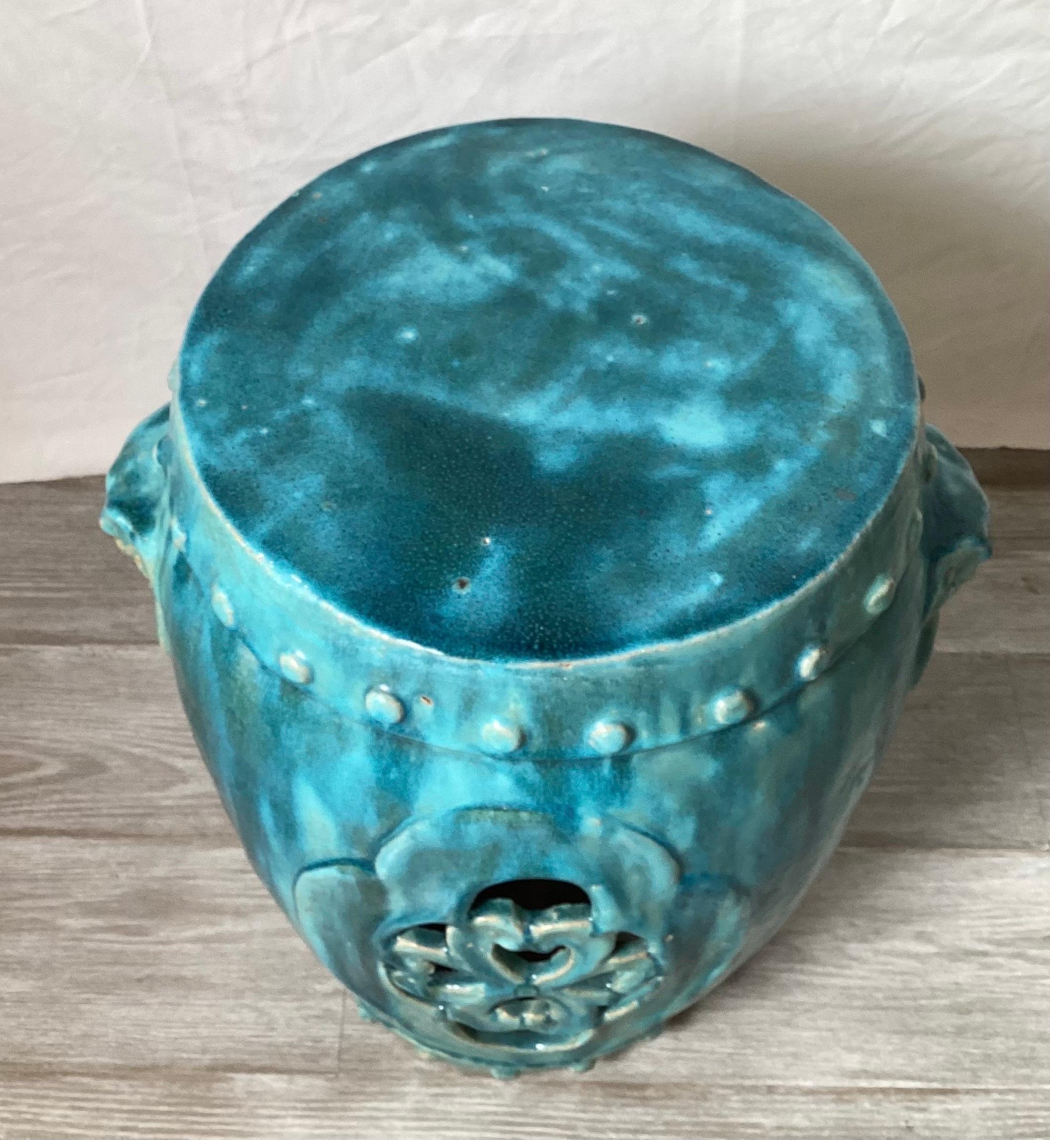 1970s Turquoise Glazed Garden Seat In Excellent Condition For Sale In Lambertville, NJ