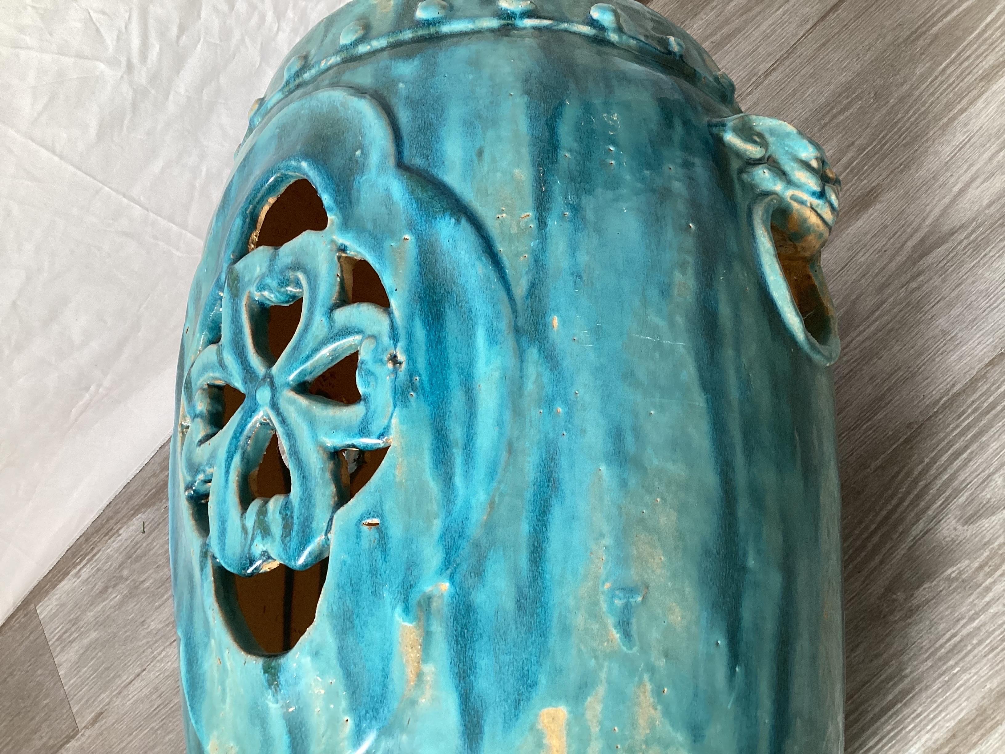 Ceramic 1970s Turquoise Glazed Garden Seat For Sale