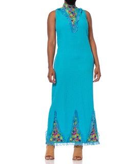 1970S Turquoise Hand Embroidered Cotton Mexican Wedding Dress