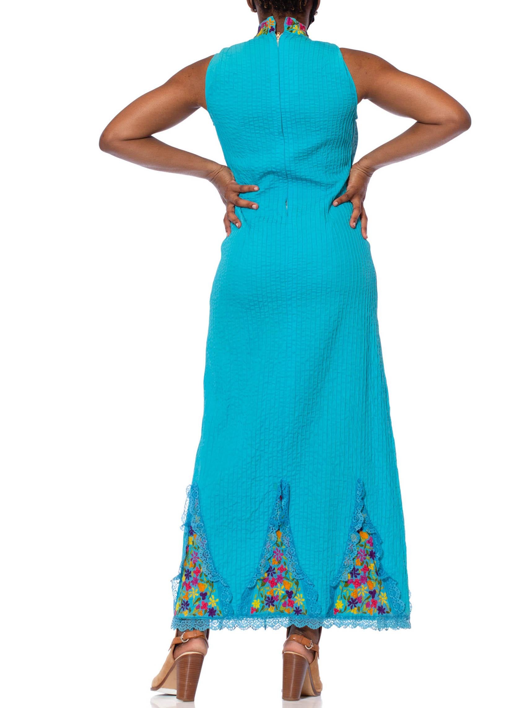 Women's 1970S Turquoise Hand Embroidered Cotton Mexican Wedding Dress For Sale
