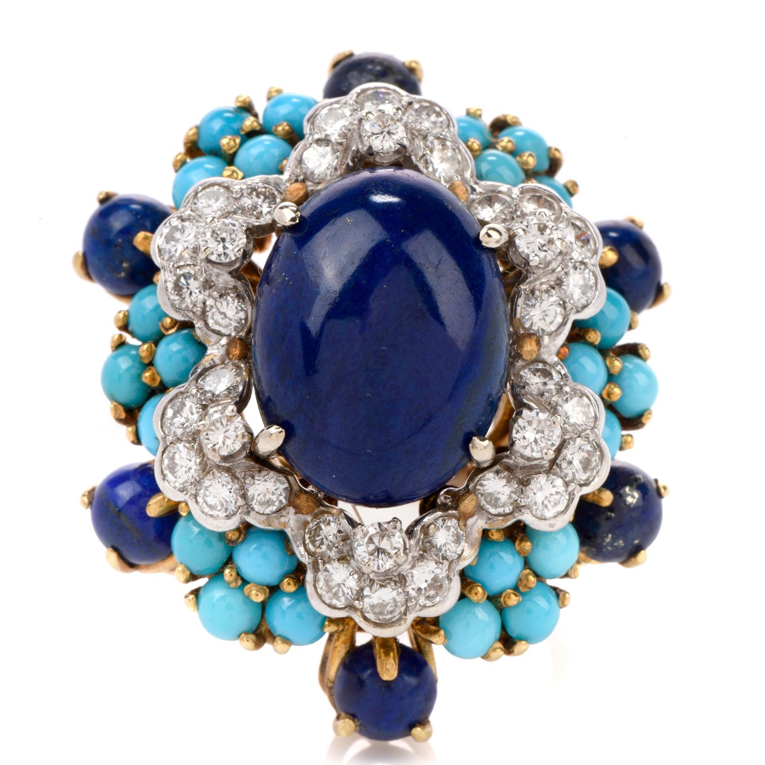 Bold and Beautiful!

This bold 1970's colored fashion cocktail ring was inspired in a floret motif

and crafted in 23.9 grams of 18K gold.

The center features an oval cabochon cut Lapis measuring appx. 12.44 x 17.49mm.

Surrounding the center are