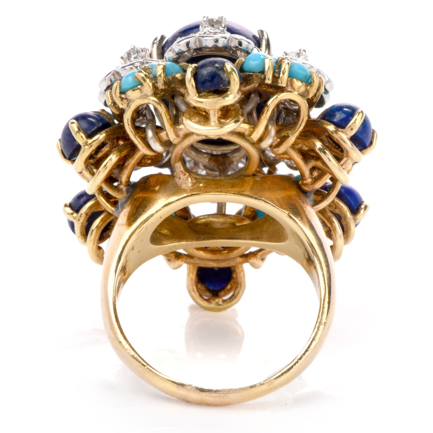 1970s Turquoise, Lapis and Diamond 18 Karat Floret Cocktail Fashion Ring In Excellent Condition In Miami, FL