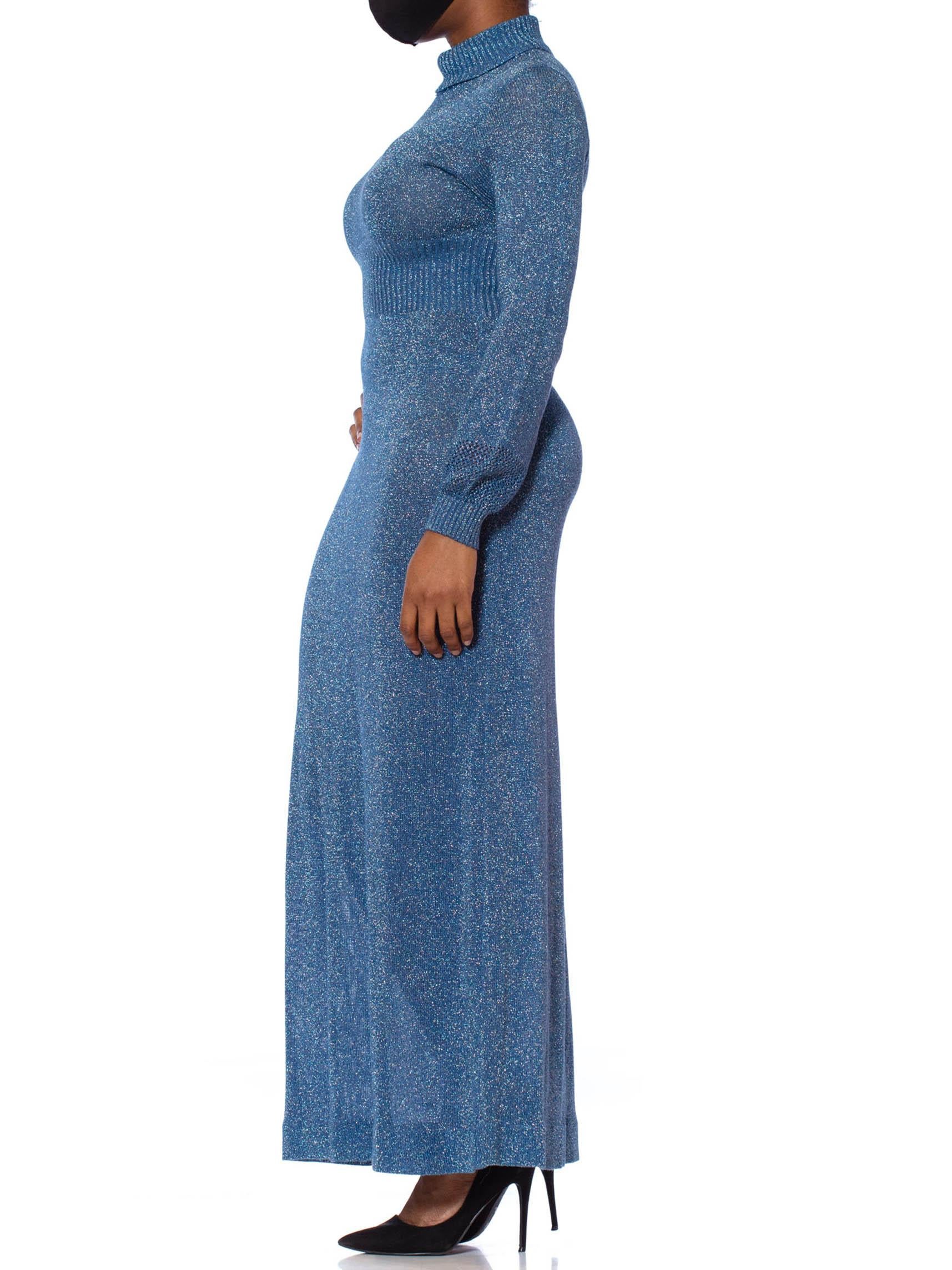 Women's 1970S Turquoise Metallic Poly/Lurex Knit Long Sleeved Day To Night Maxi Dress