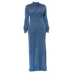 1970S Turquoise Metallic Poly/Lurex Knit Long Sleeved Day To Night Maxi Dress